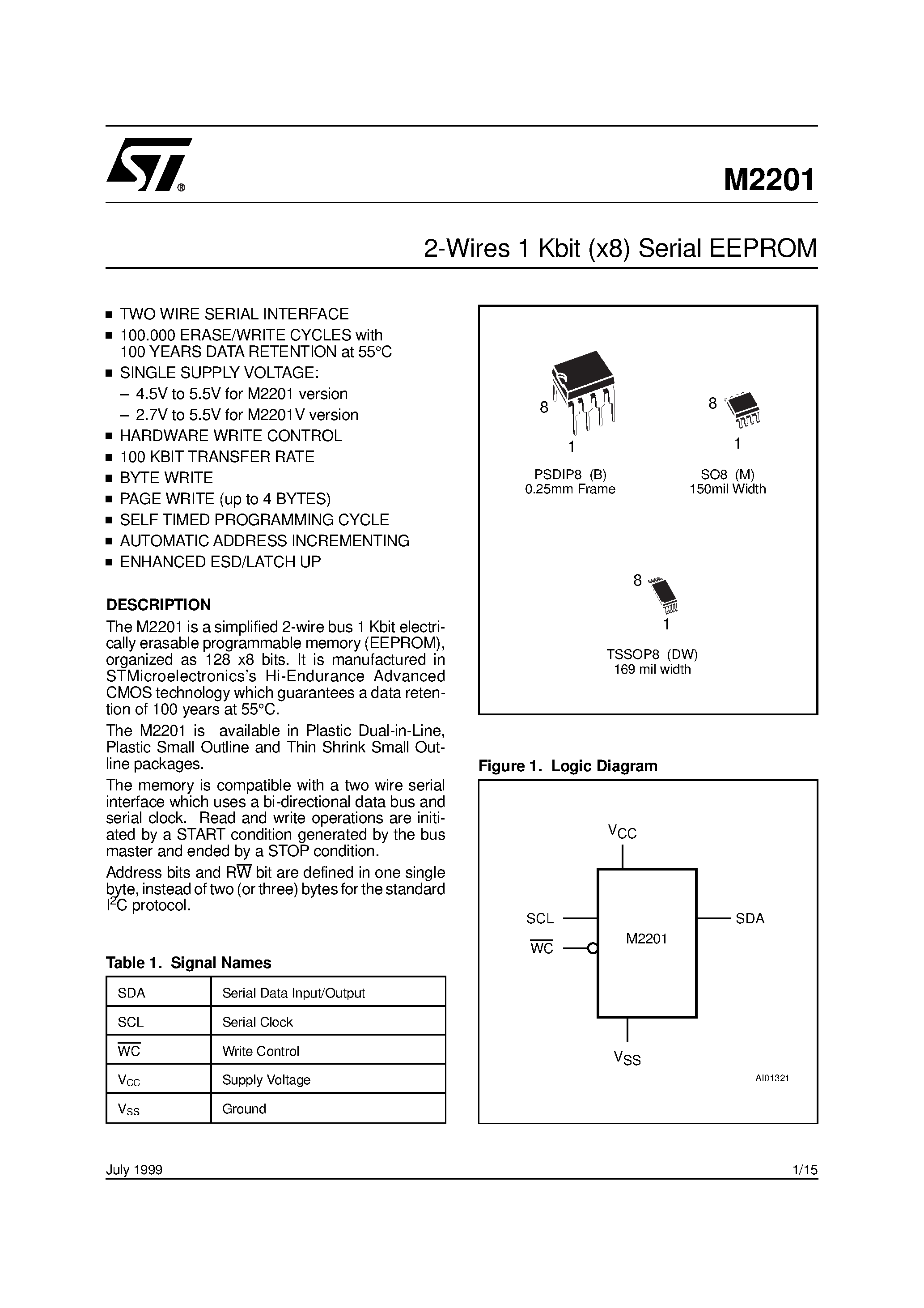 Даташит на микросхему MM2201VB1TR страница 1 Даташит MM2201VB1TR - 2-Wires 1 Kbit x8 Serial EEPROM страница 1