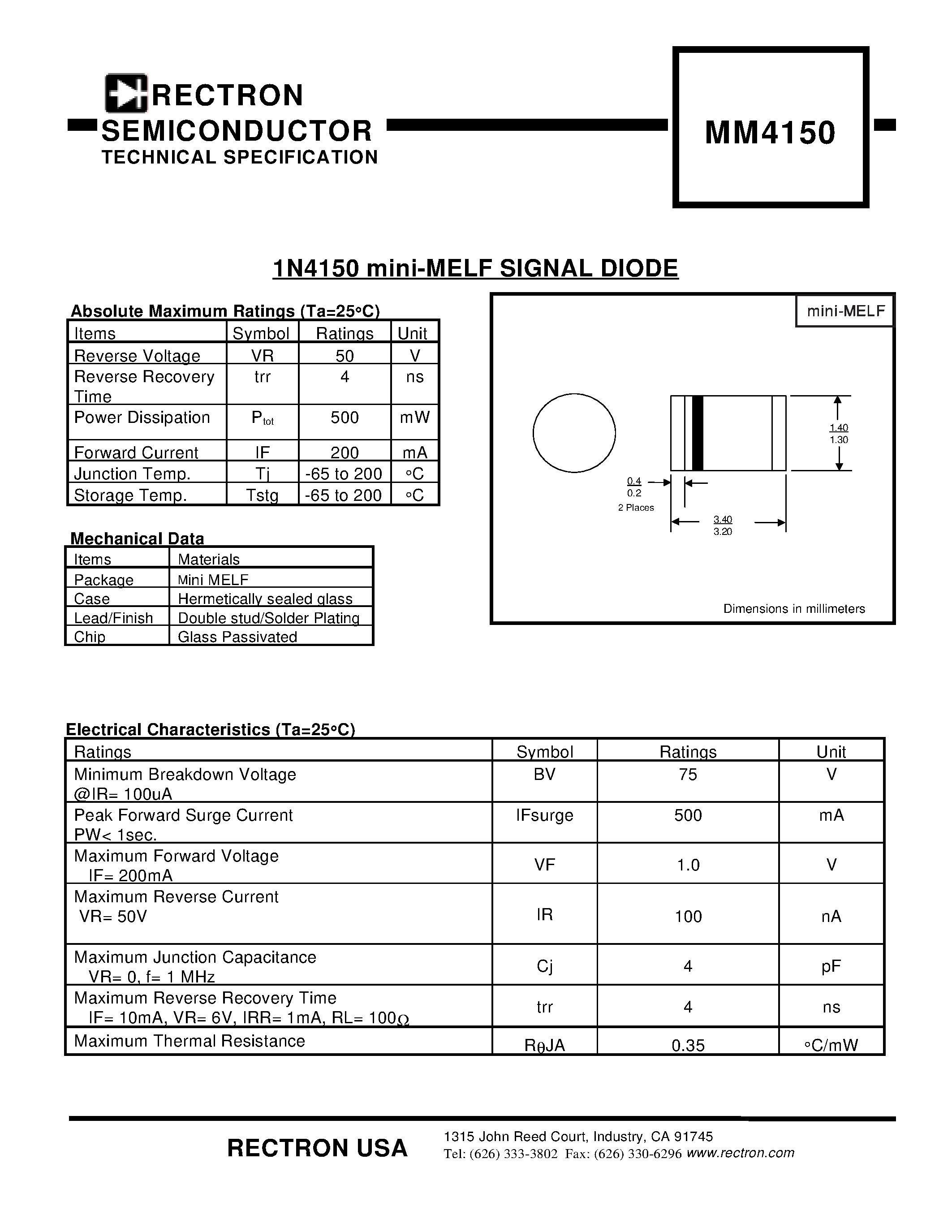 Datasheet MM4150 - 1N4150 mini-MELF SIGNAL DIODE page 1