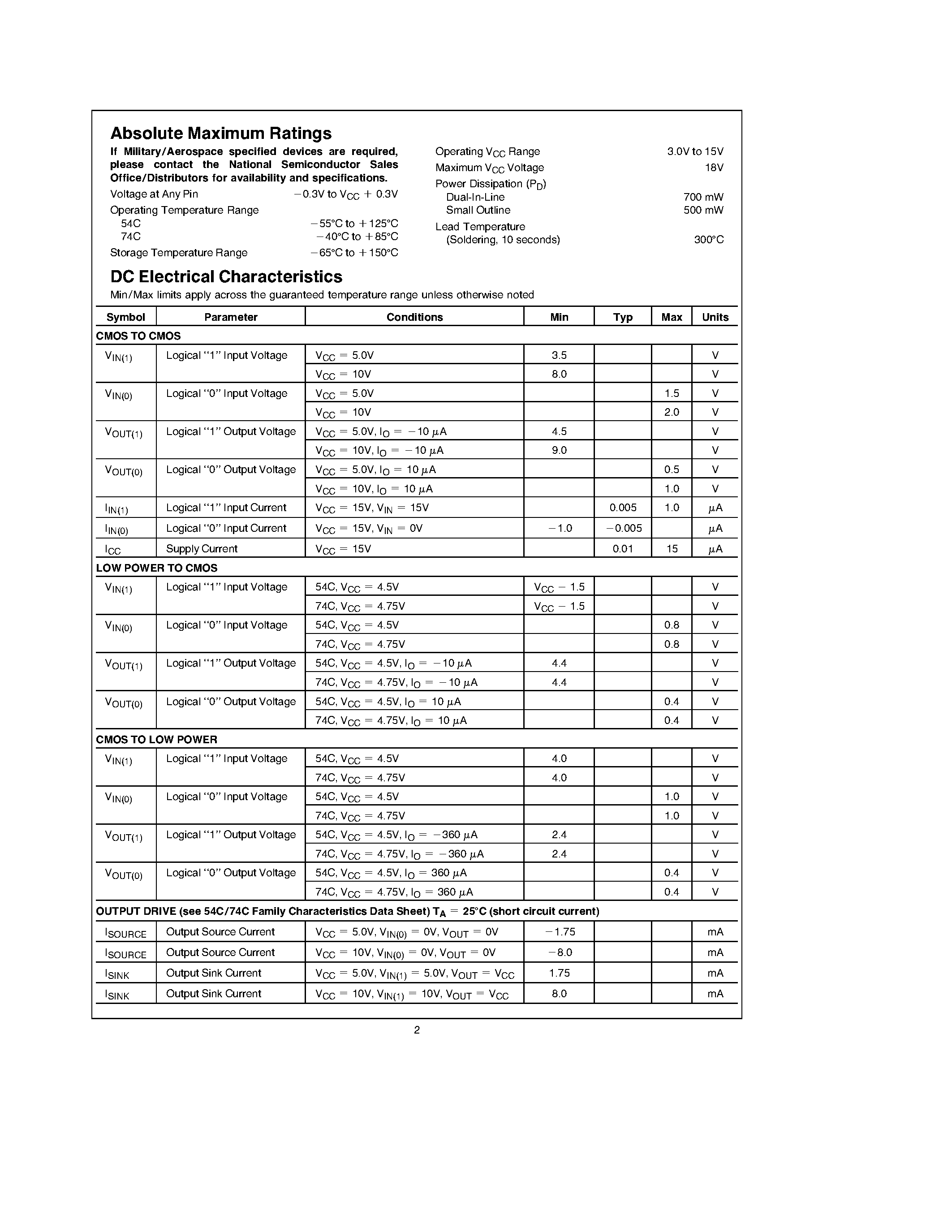 Datasheet MM54C00 - Quad 2-Input NAND Gate / Quad 2-Input NOR Gate / Hex Inverter / Triple 3-Input NAND Gate / Dual 4-Input NAND Gate page 2