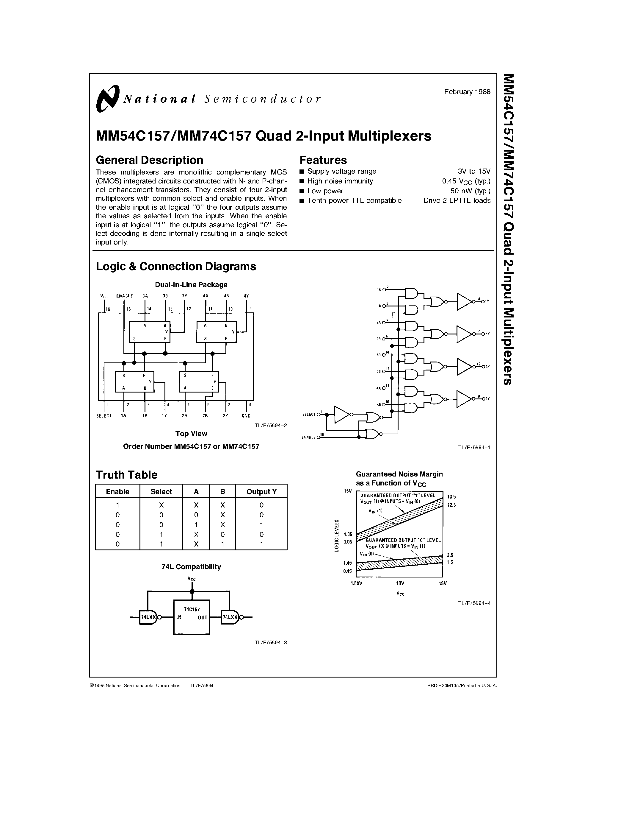 Datasheet MM54C157 - Quad 2-Input Multiplexers page 1