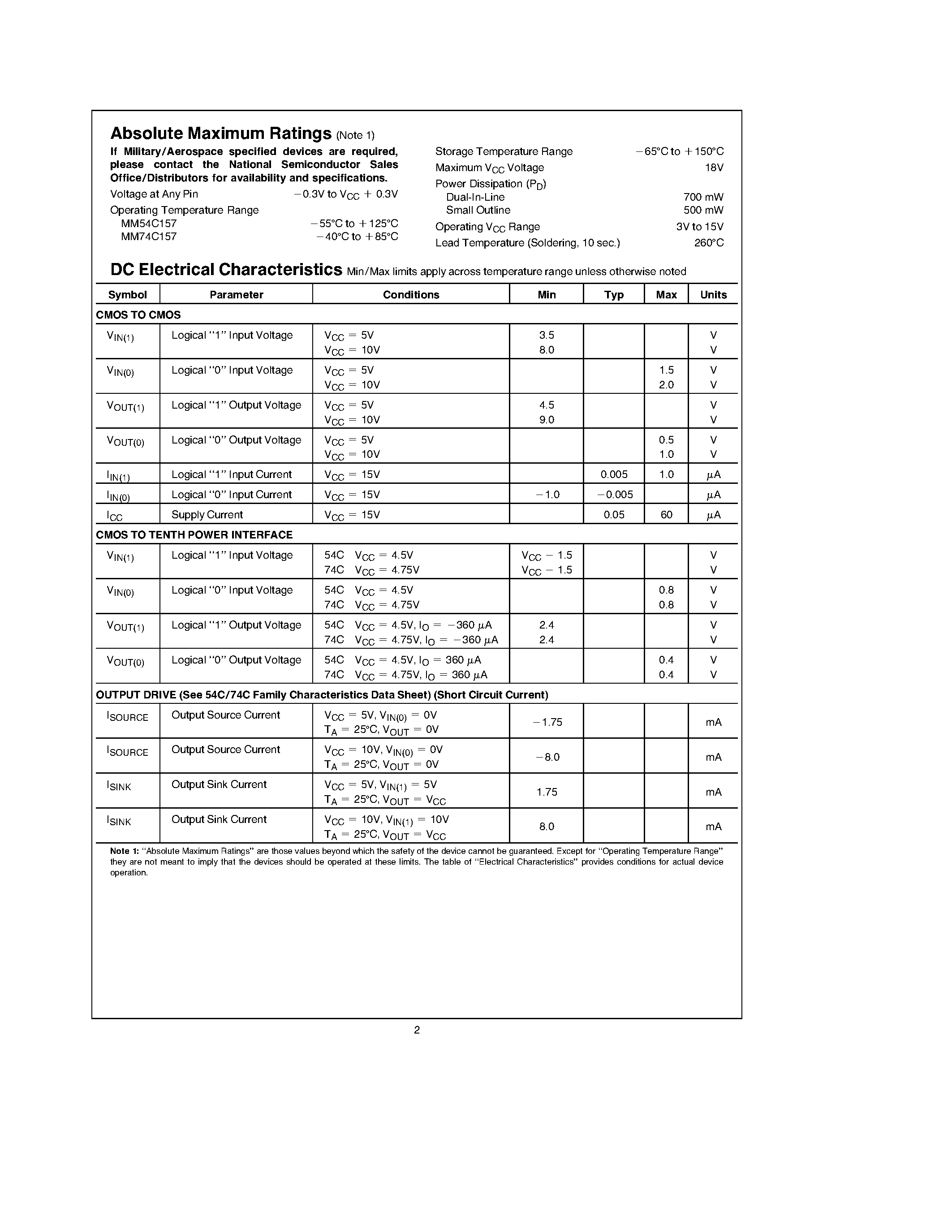 Datasheet MM54C157 - Quad 2-Input Multiplexers page 2