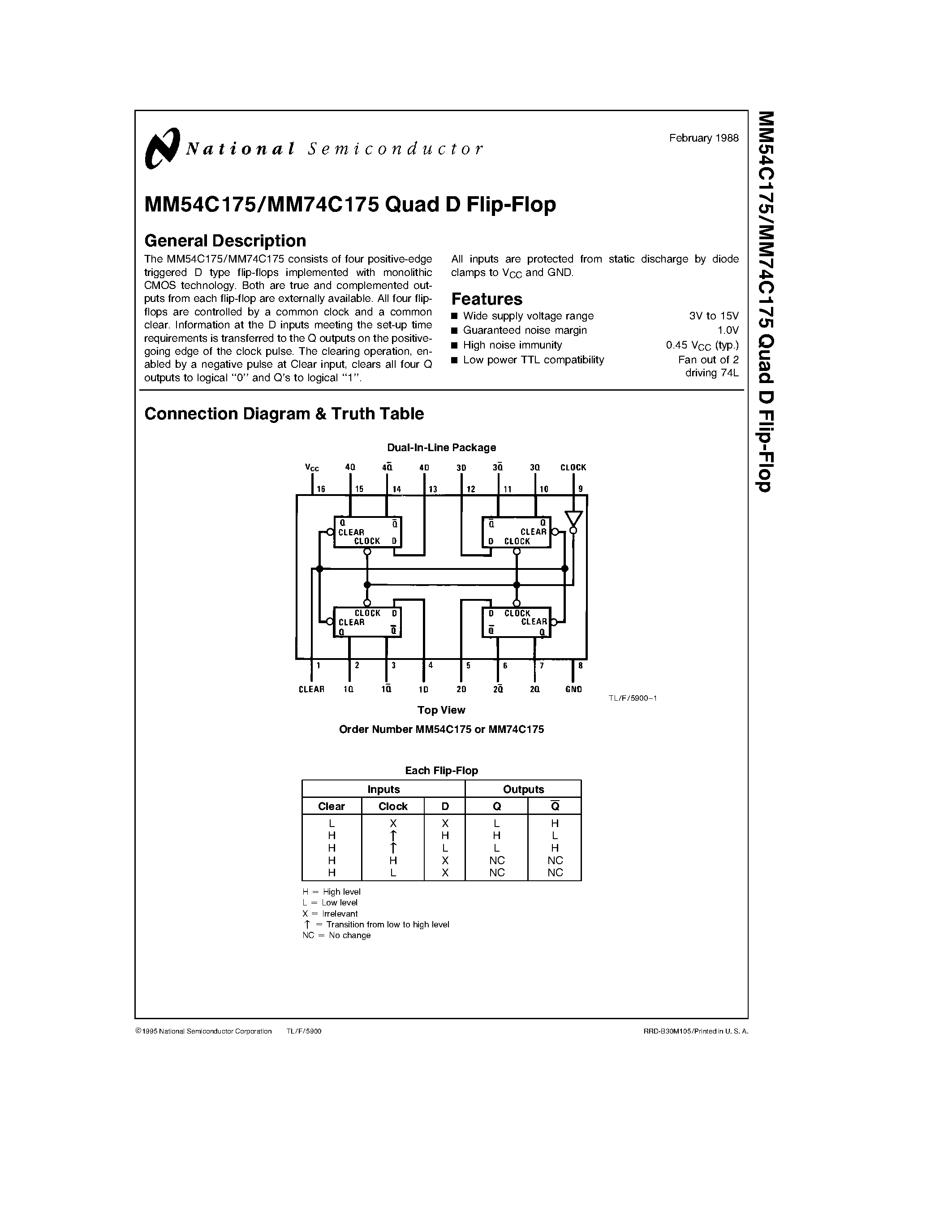 Даташит MM54C175 - Quad D Flip-Flop страница 1