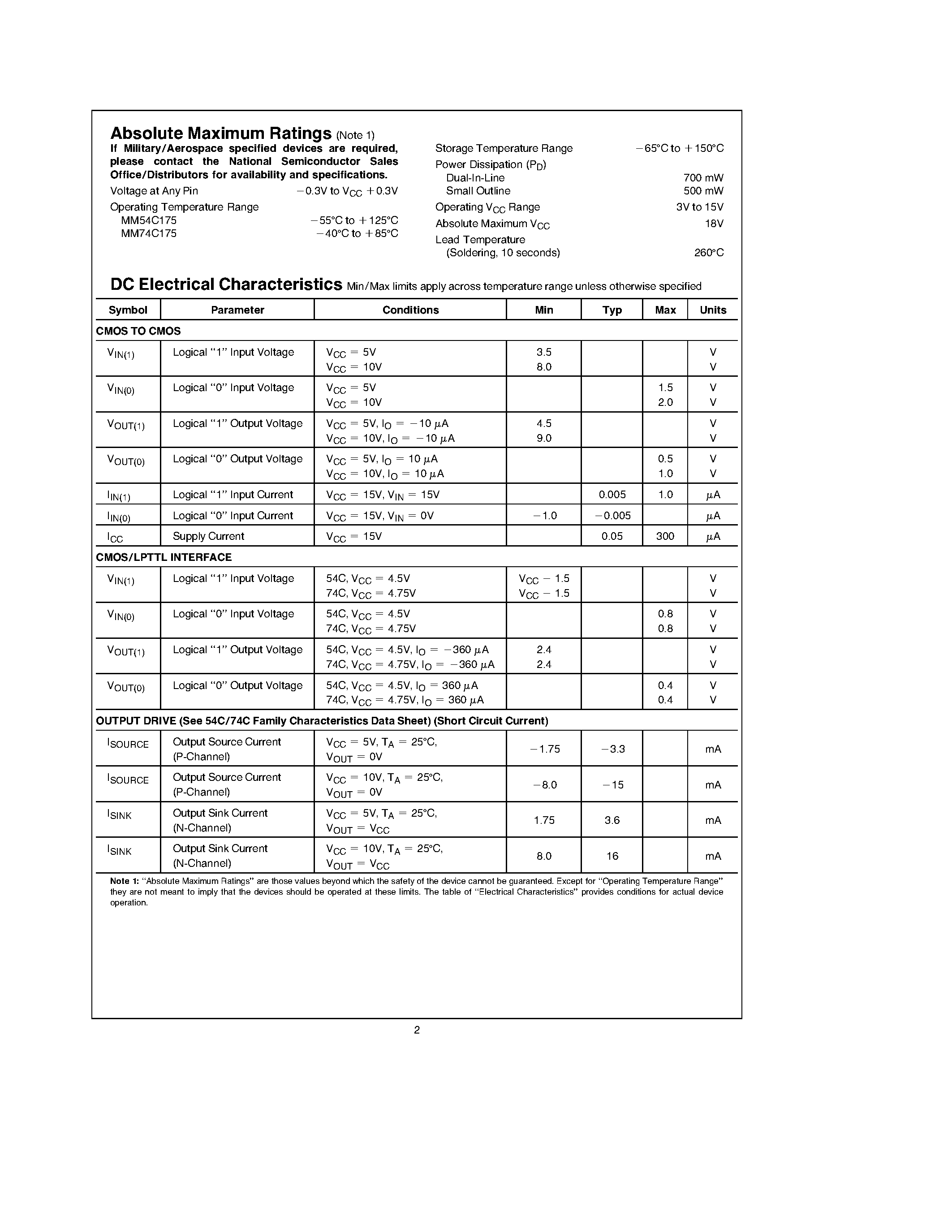 Даташит MM54C175 - Quad D Flip-Flop страница 2