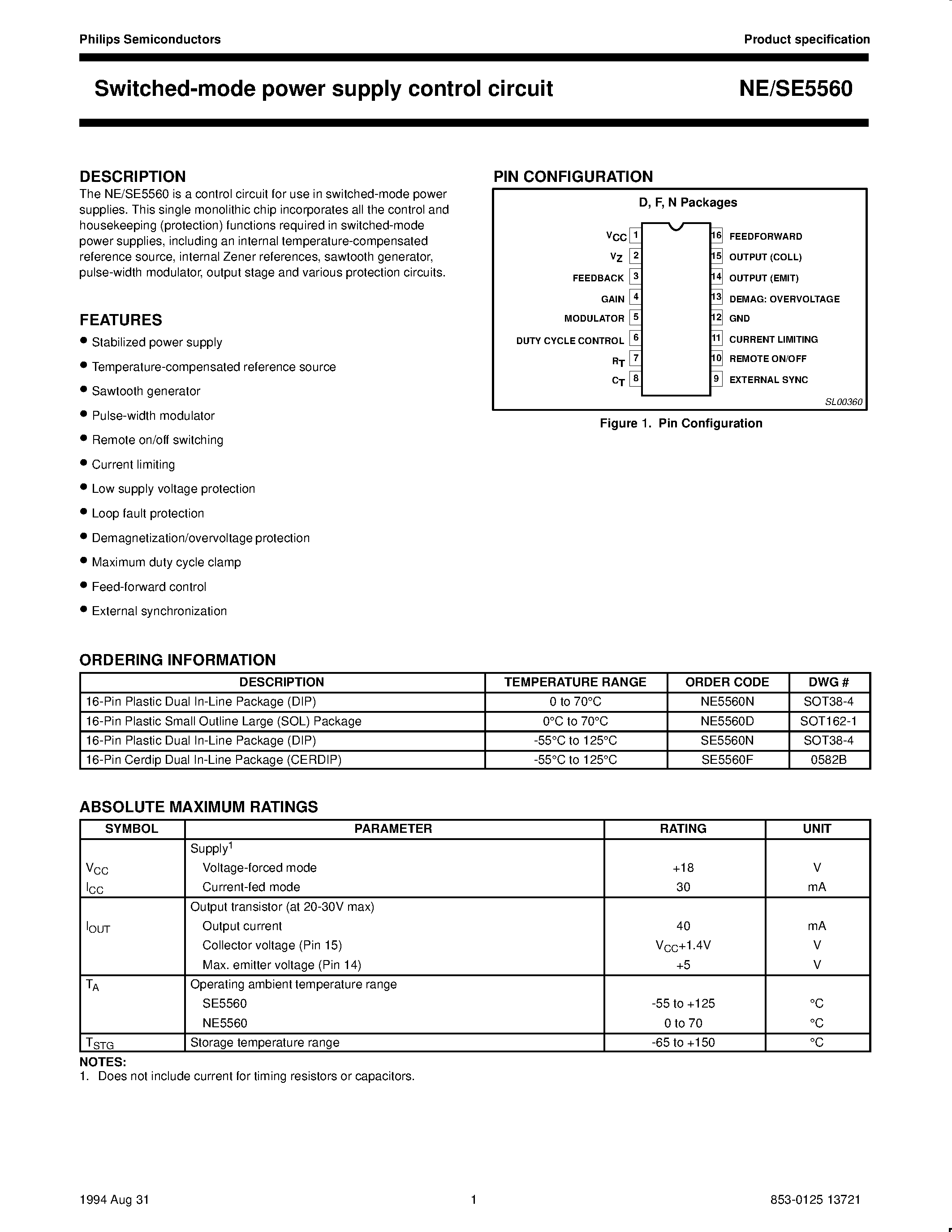 Datasheet NE5560D page 1 Datasheet NE5560D - Switched-mode power supply control circuit page 1