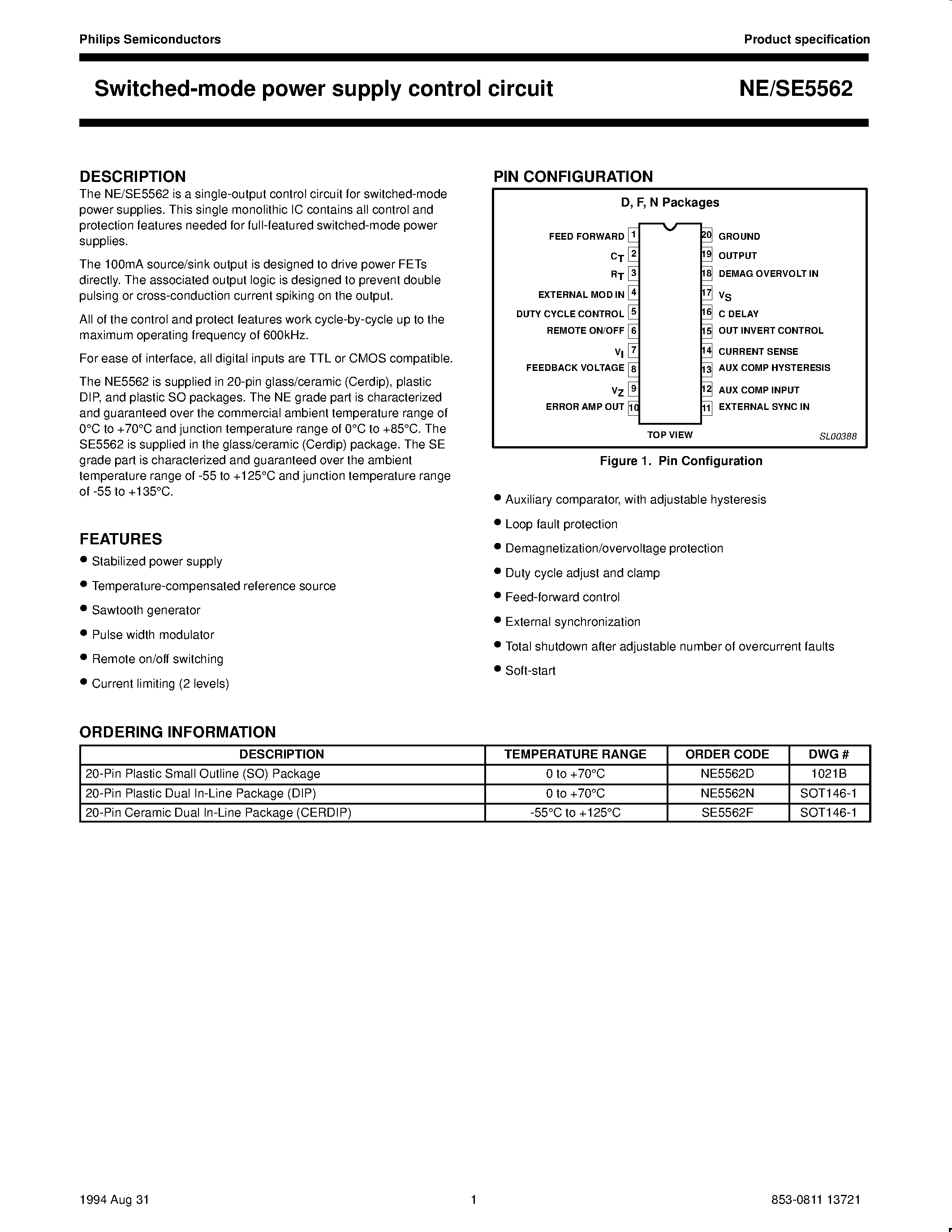 Datasheet NE5562 page 1 Datasheet NE5562 - Switched-mode power supply control circuit page 1