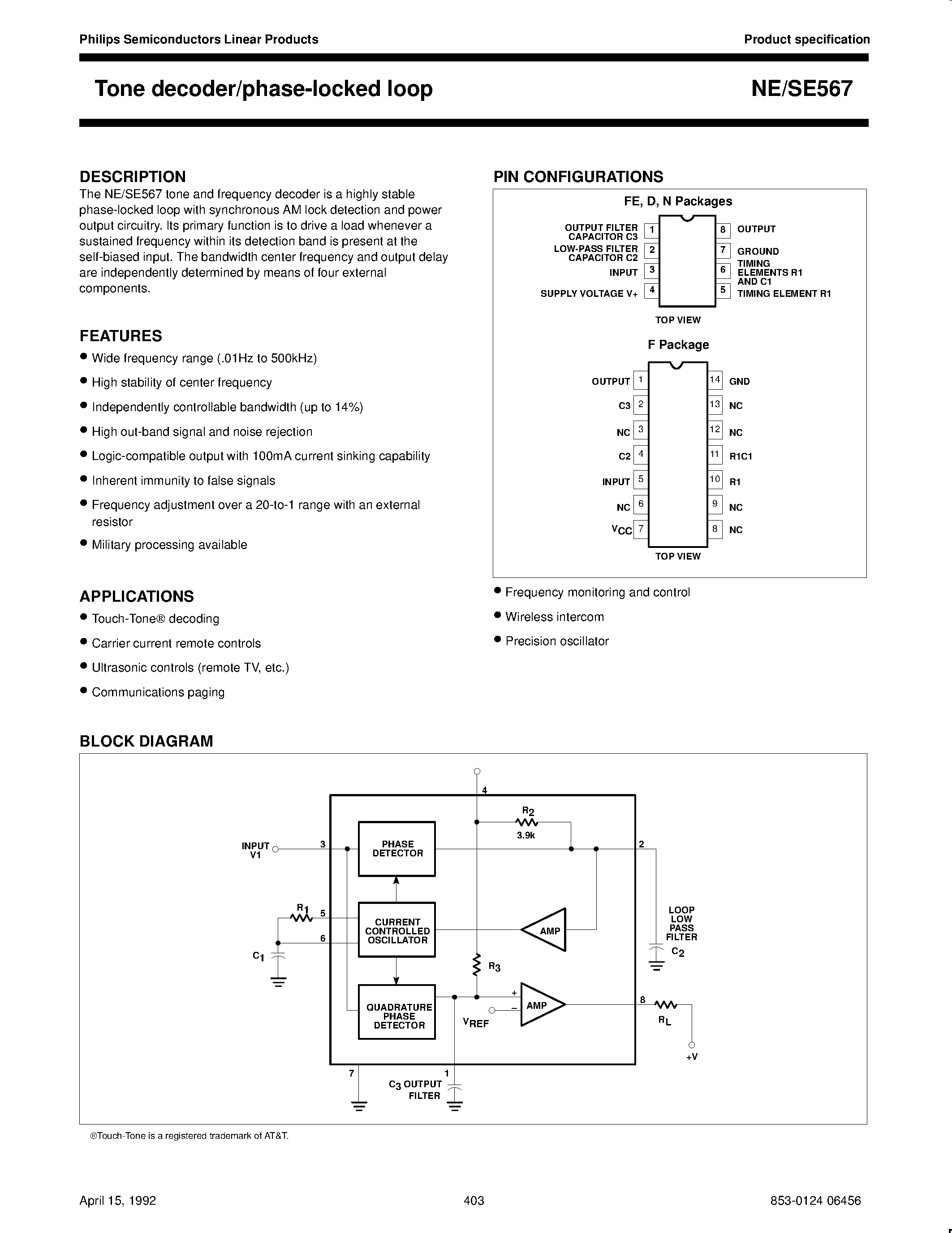 Даташит на микросхему NE567 страница 1 Даташит NE567 - Tone decoder/phase-locked loop страница 1