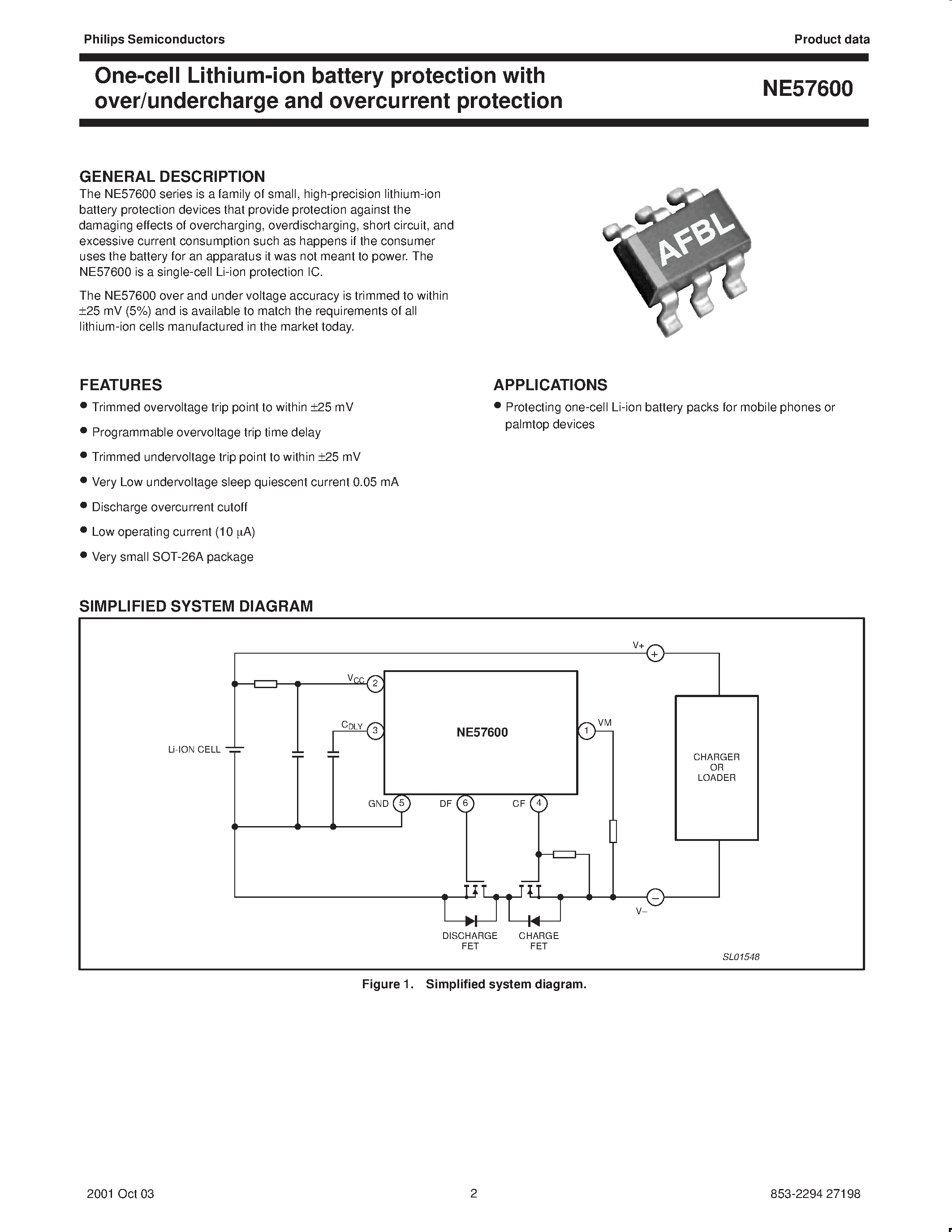 Datasheet NE57600 - One-cell Lithium-ion battery protection with over/undercharge and overcurrent protection page 2