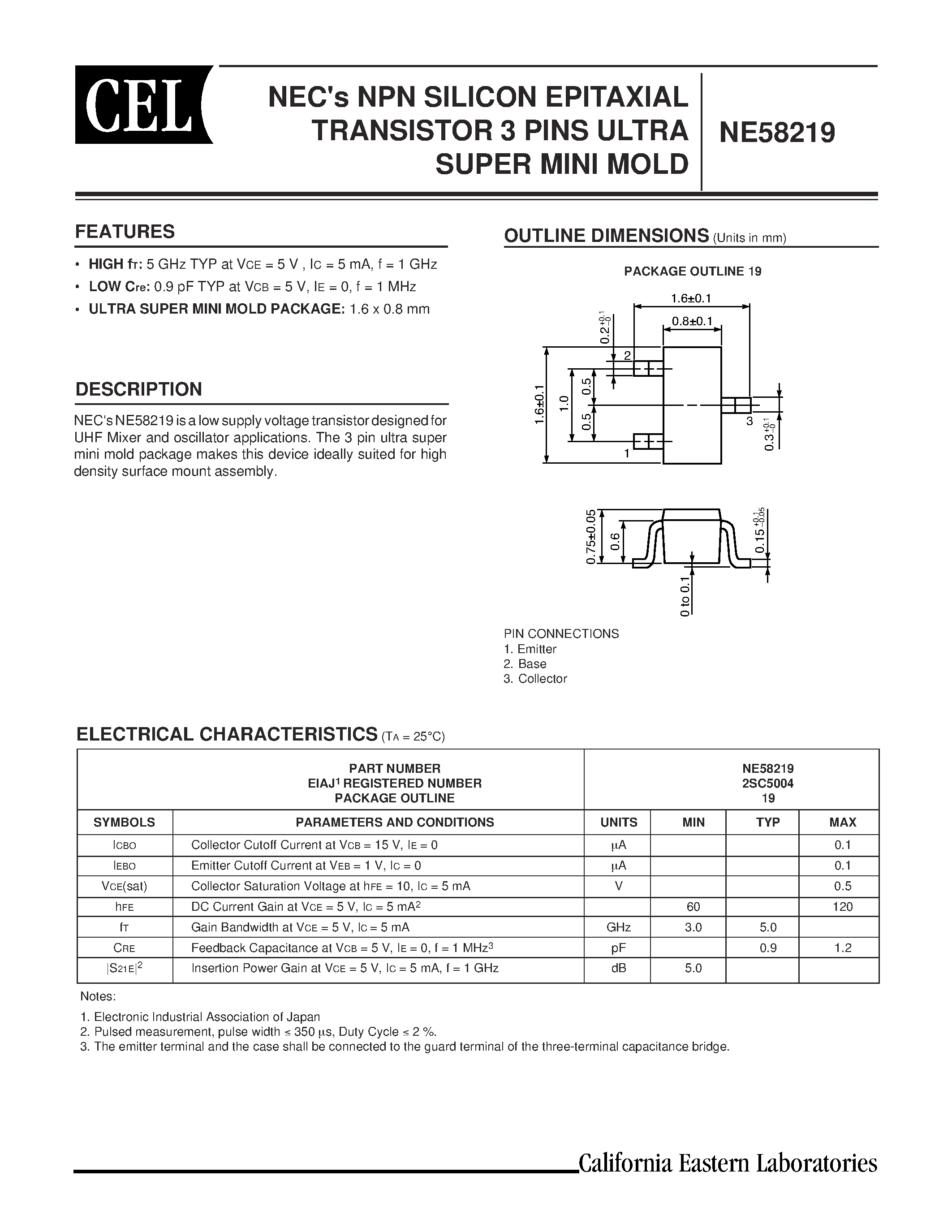 Datasheet NE58219 - NECs NPN SILICON EPITAXIAL TRANSISTOR 3 PINS ULTRA SUPER MINI MOLD page 1