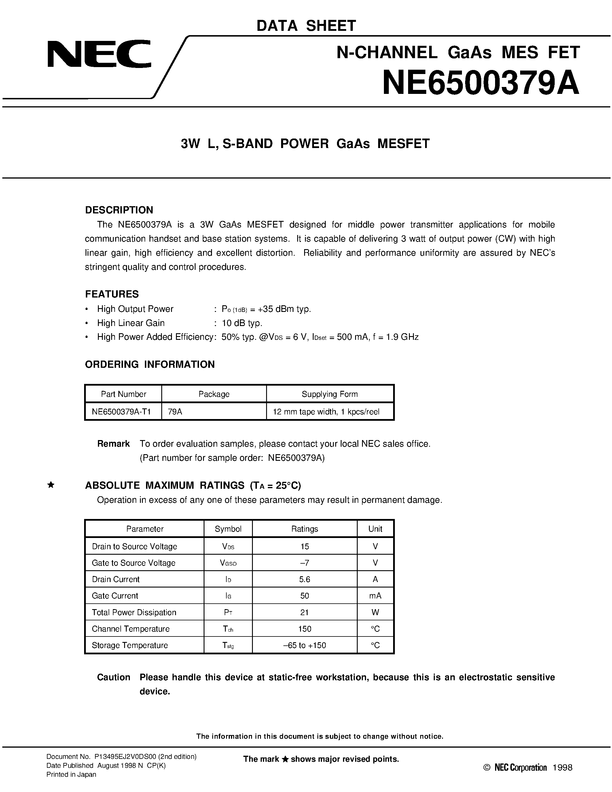 Datasheet NE6500379 page 1 Datasheet NE6500379 - 3W L / S-BAND POWER GaAs MESFET page 1