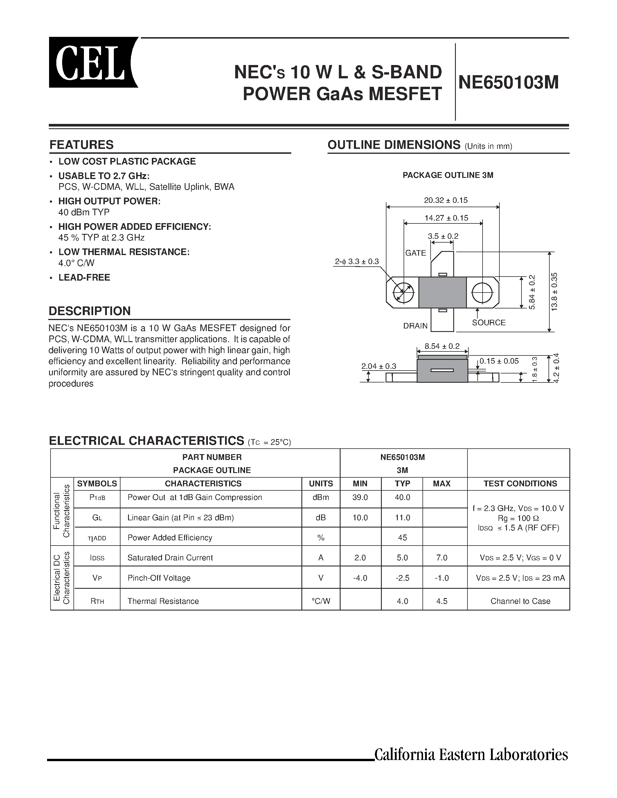 Datasheet NE650103M - NECS 10 W L & S-BAND POWER GaAs MESFET page 1