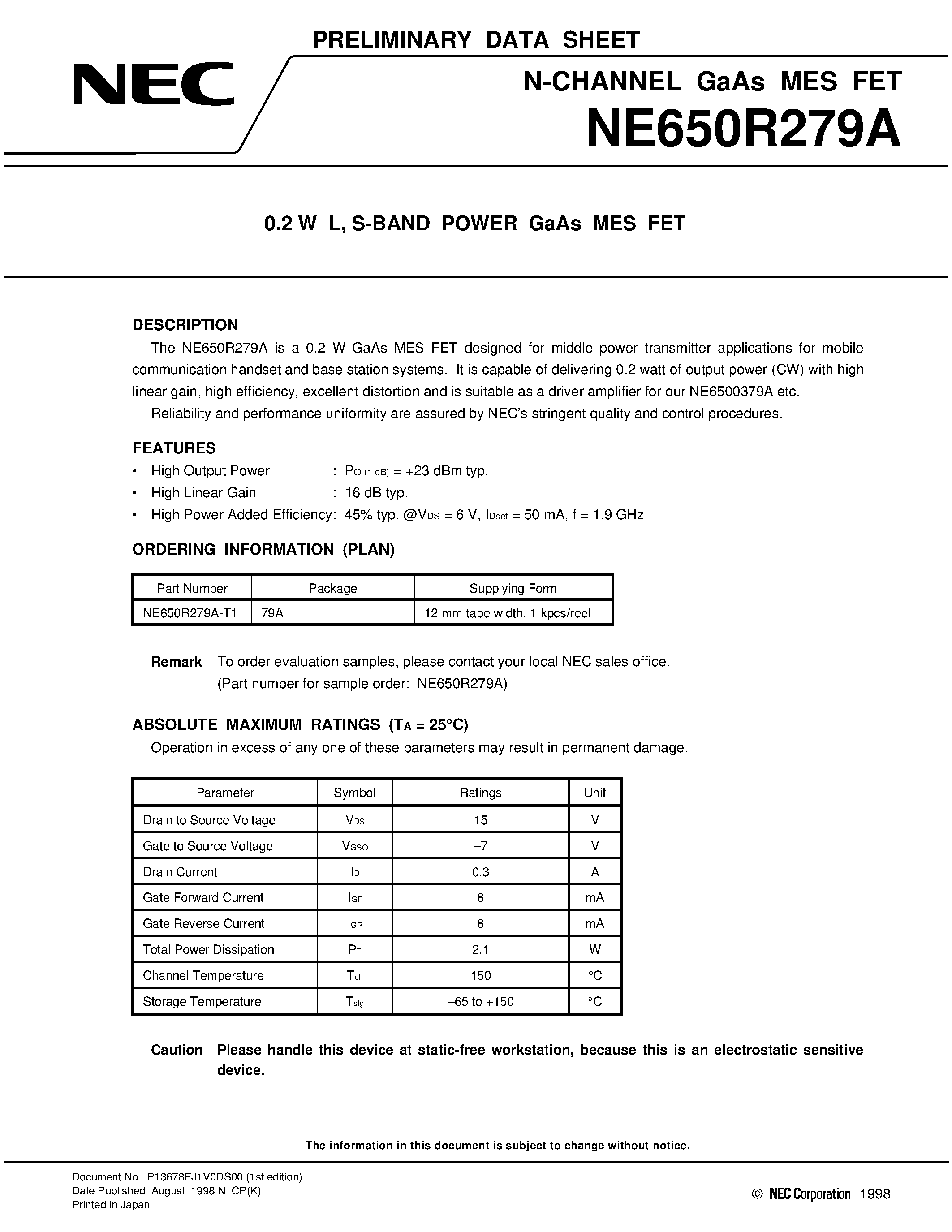 Даташит NE650R279A - 0.2 W L / S-BAND POWER GaAs MES FET страница 1