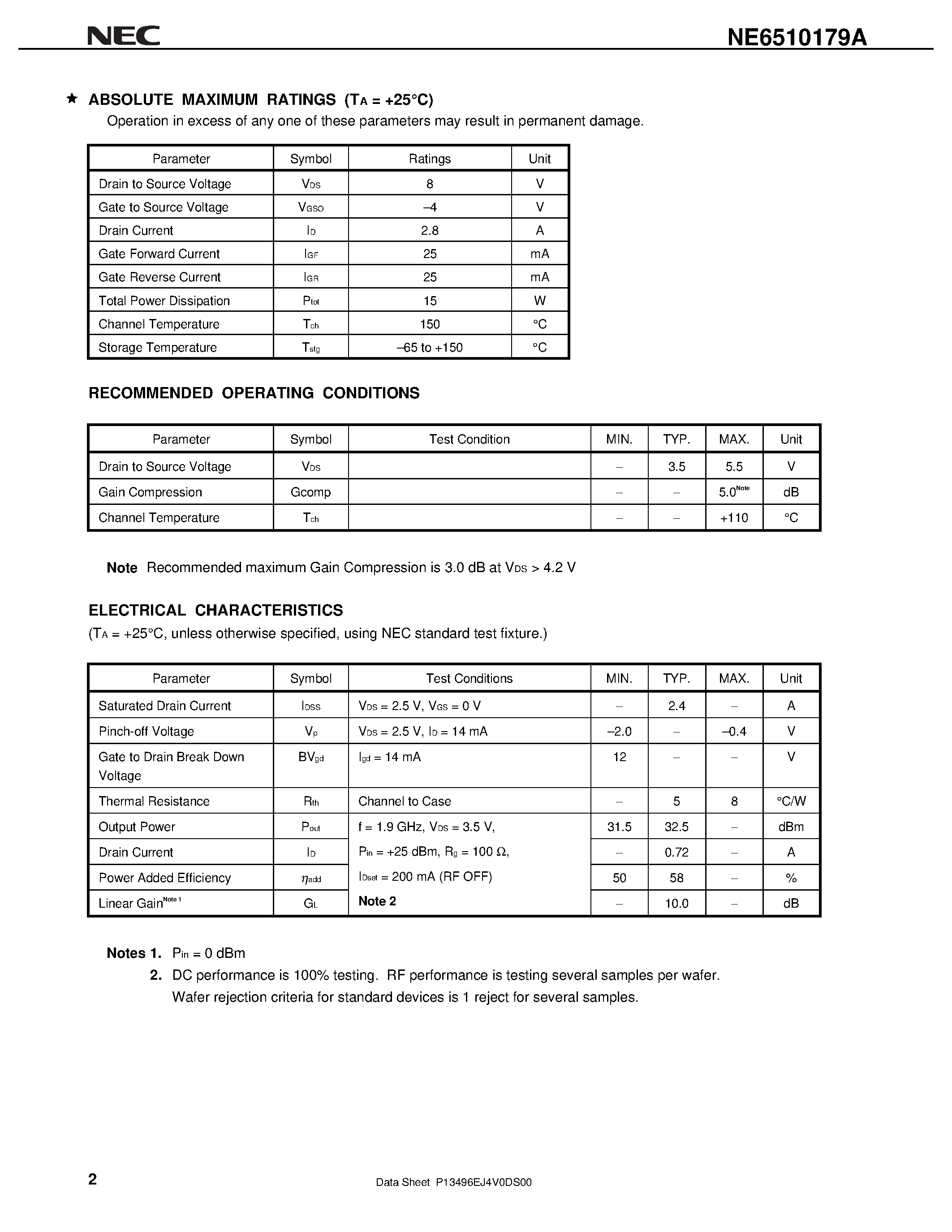 Datasheet NE6510179A - 1 W L-BAND POWER GaAs HJ-FET page 2