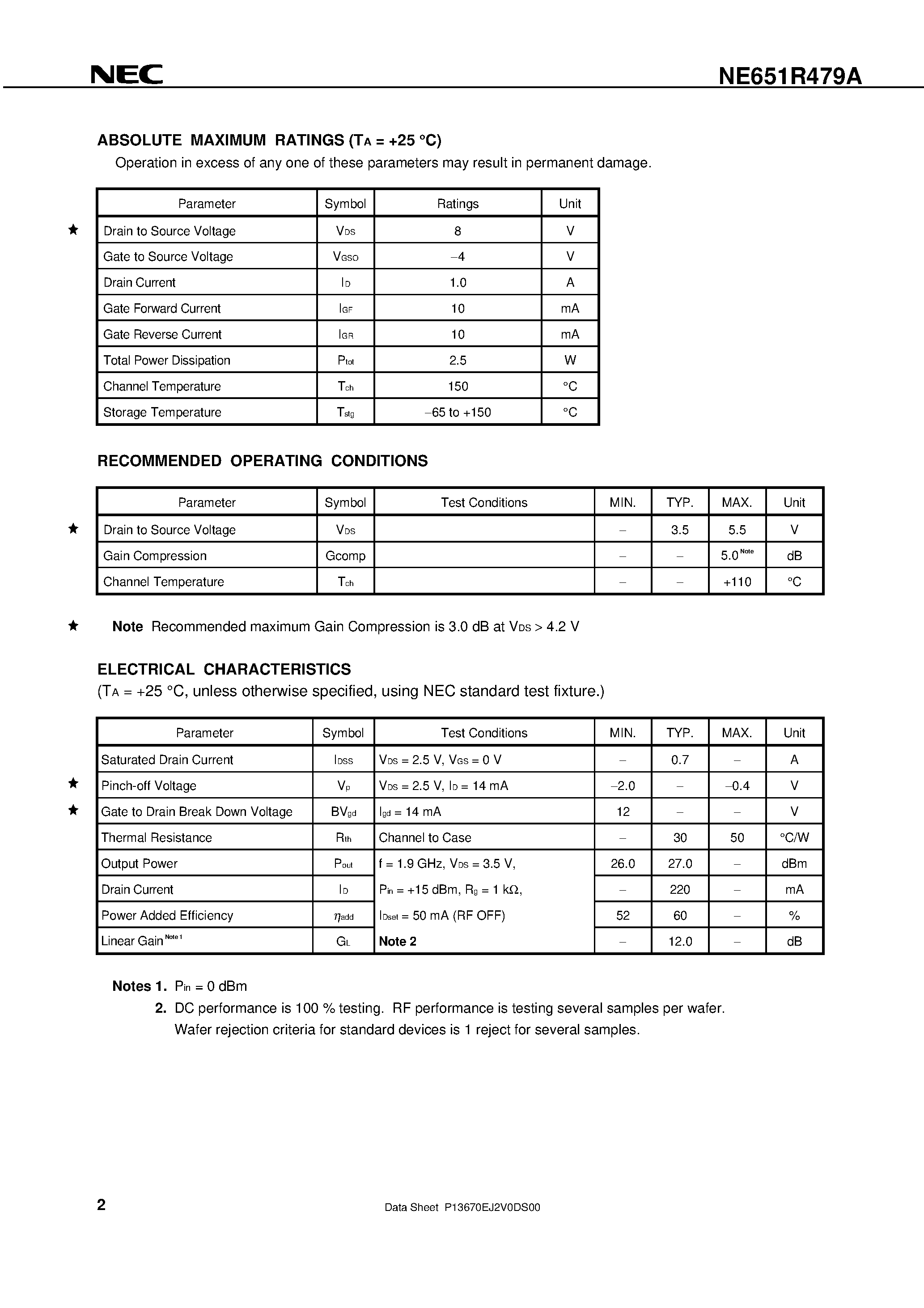 Datasheet NE651R479A page 2 Datasheet NE651R479A - 0.4 W L-BAND POWER GaAs HJ-FET page 2