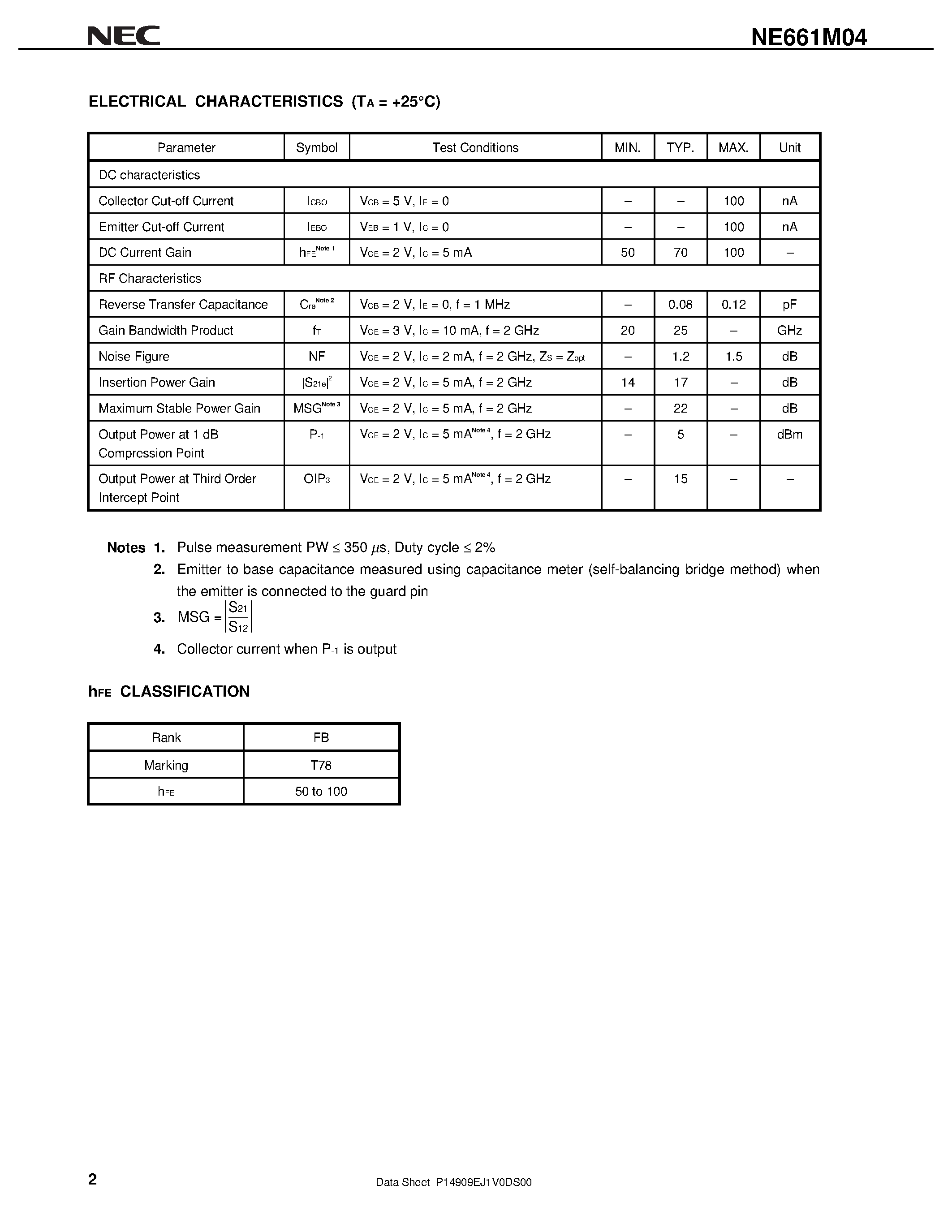 Datasheet NE661M04 - NPN SILICON RF TRANSISTOR FOR LOW CURRENT / LOW NOISE / HIGH-GAIN AMPLIFICATION FLAT-LEAD 4-PIN THIN SUPER MINI-MOLD page 2