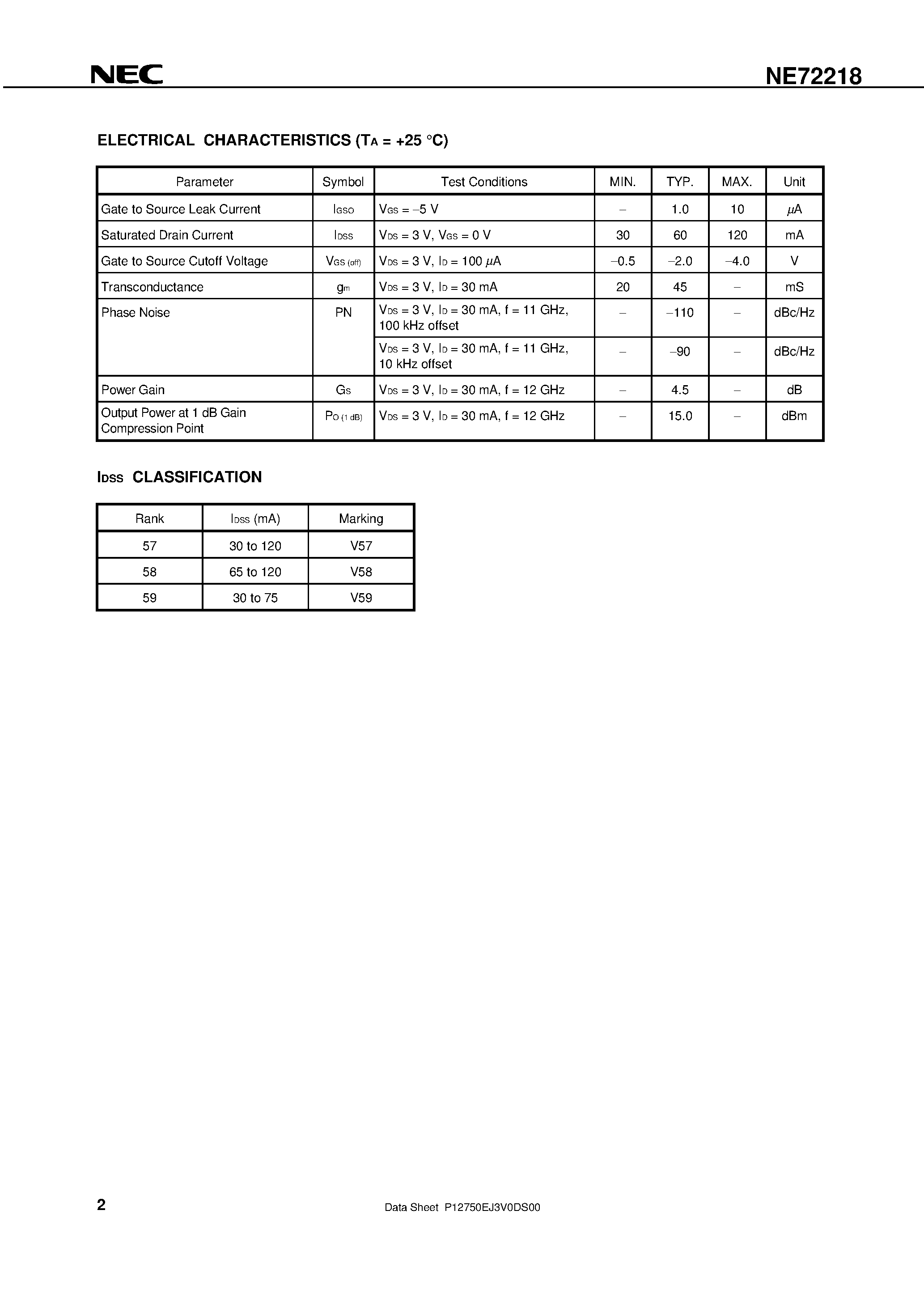 Даташит на микросхему NE72218-T2 страница 2 Даташит NE72218-T2 - C to X BAND AMPLIFIER C to X BAND OSC N-CHANNEL GaAs MES FET страница 2