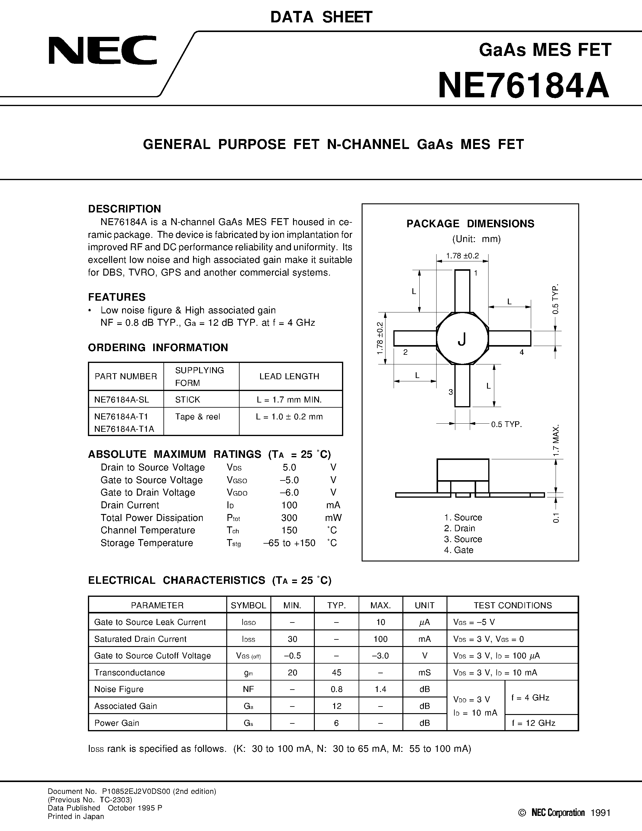 Datasheet NE76100 - GENERAL PURPOSE FET N-CHANNEL GaAs MES FET page 1