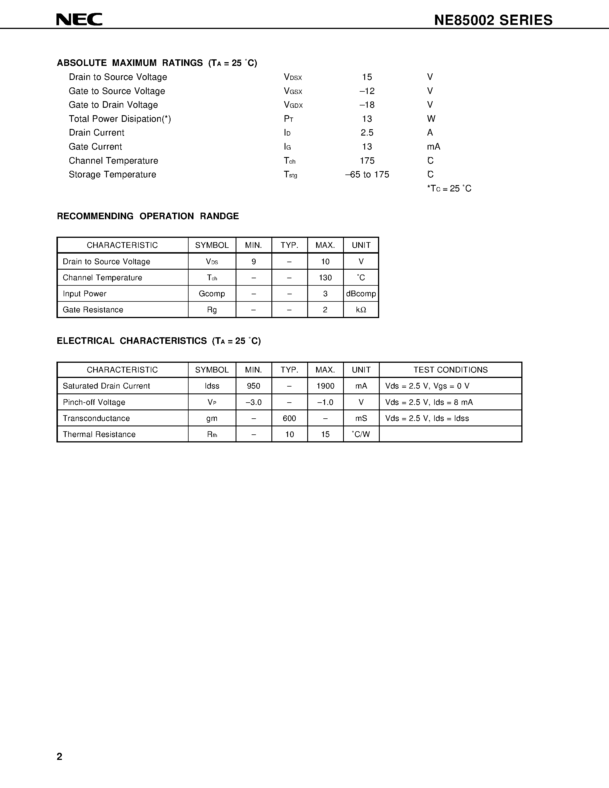 Datasheet NE8500200 page 2 Datasheet NE8500200 - 2 W C-BAND POWER GaAs FET N-CHANNEL GaAs MES FET page 2