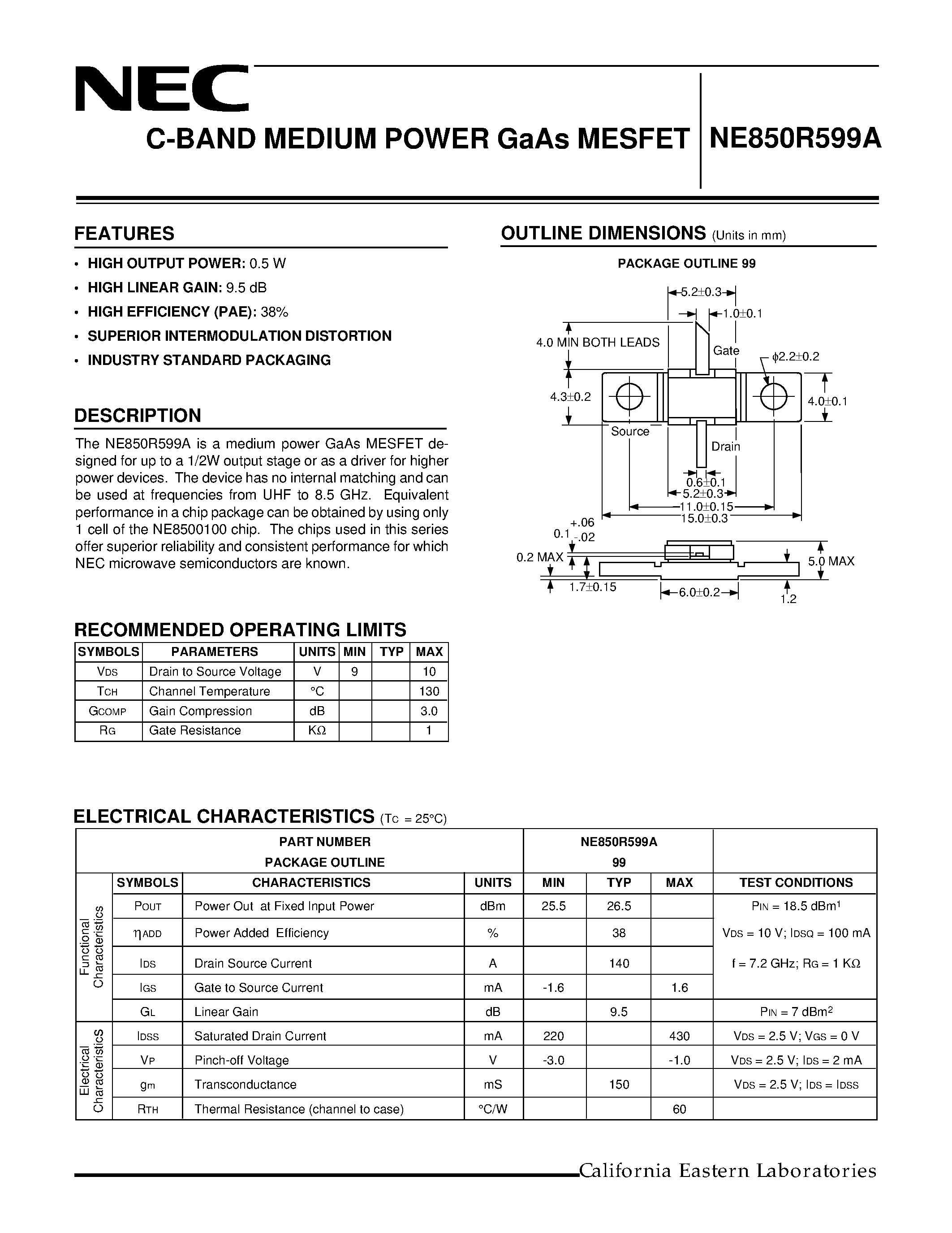 Datasheet NE850R599A page 1 Datasheet NE850R599A - C-BAND MEDIUM POWER GaAs MESFET page 1
