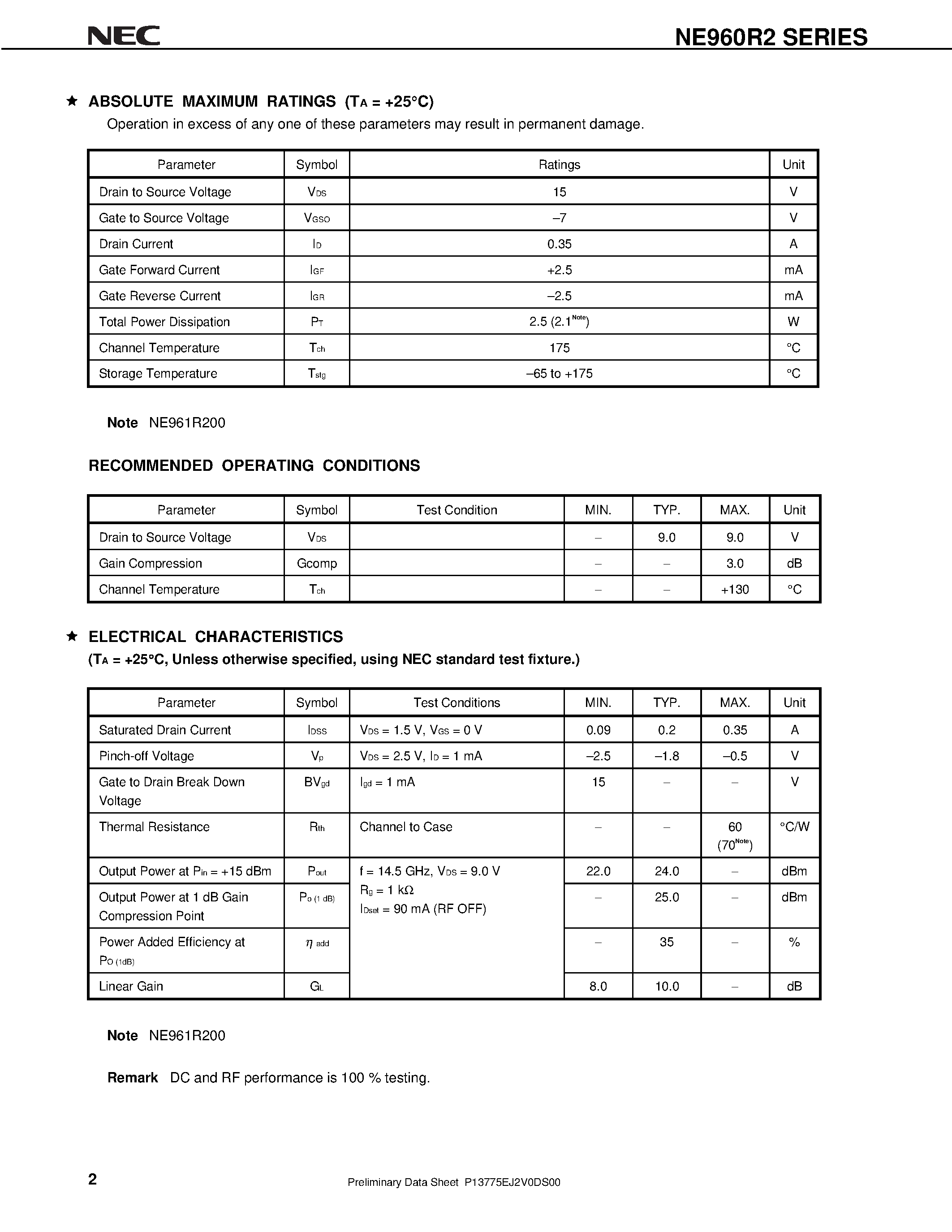 Datasheet NE961R200 page 2 Datasheet NE961R200 - 0.2 W X / Ku-BAND POWER GaAs MES FET page 2