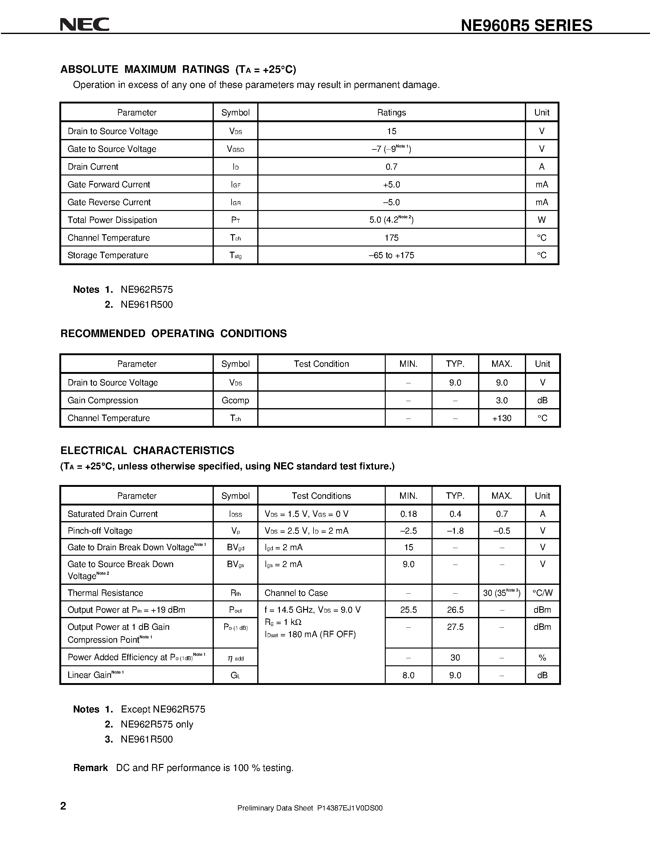 Datasheet NE962R575 page 2 Datasheet NE962R575 - 0.5 W X / Ku-BAND POWER GaAs MES FET page 2