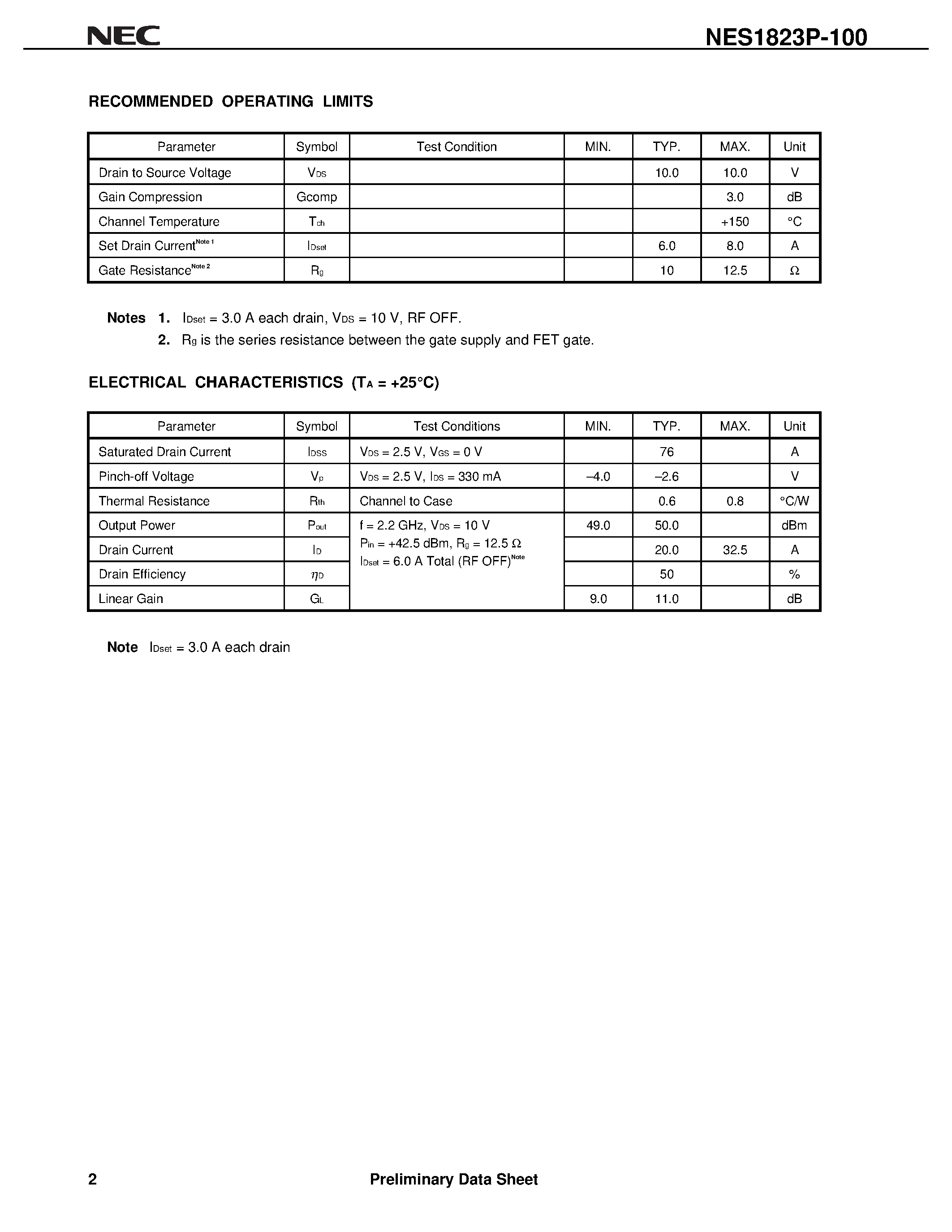 Даташит на микросхему NES1823P-100 страница 2 Даташит NES1823P-100 - 100W L-BAND PUSH-PULL POWER GaAs MESFET страница 2