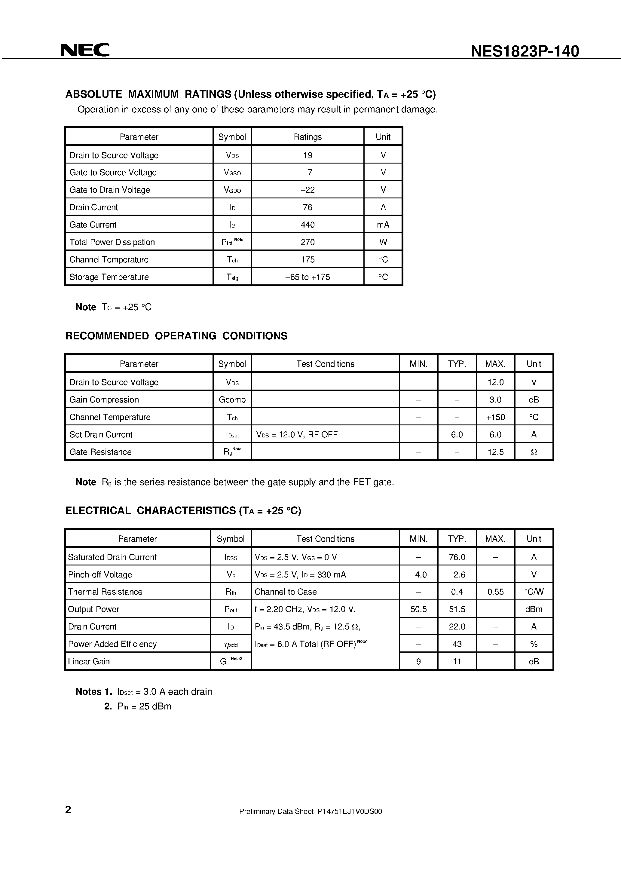 Даташит на микросхему NES1823P-140 страница 2 Даташит NES1823P-140 - 140 W L / S-BAND PUSH-PULL POWER GaAs MES FET страница 2