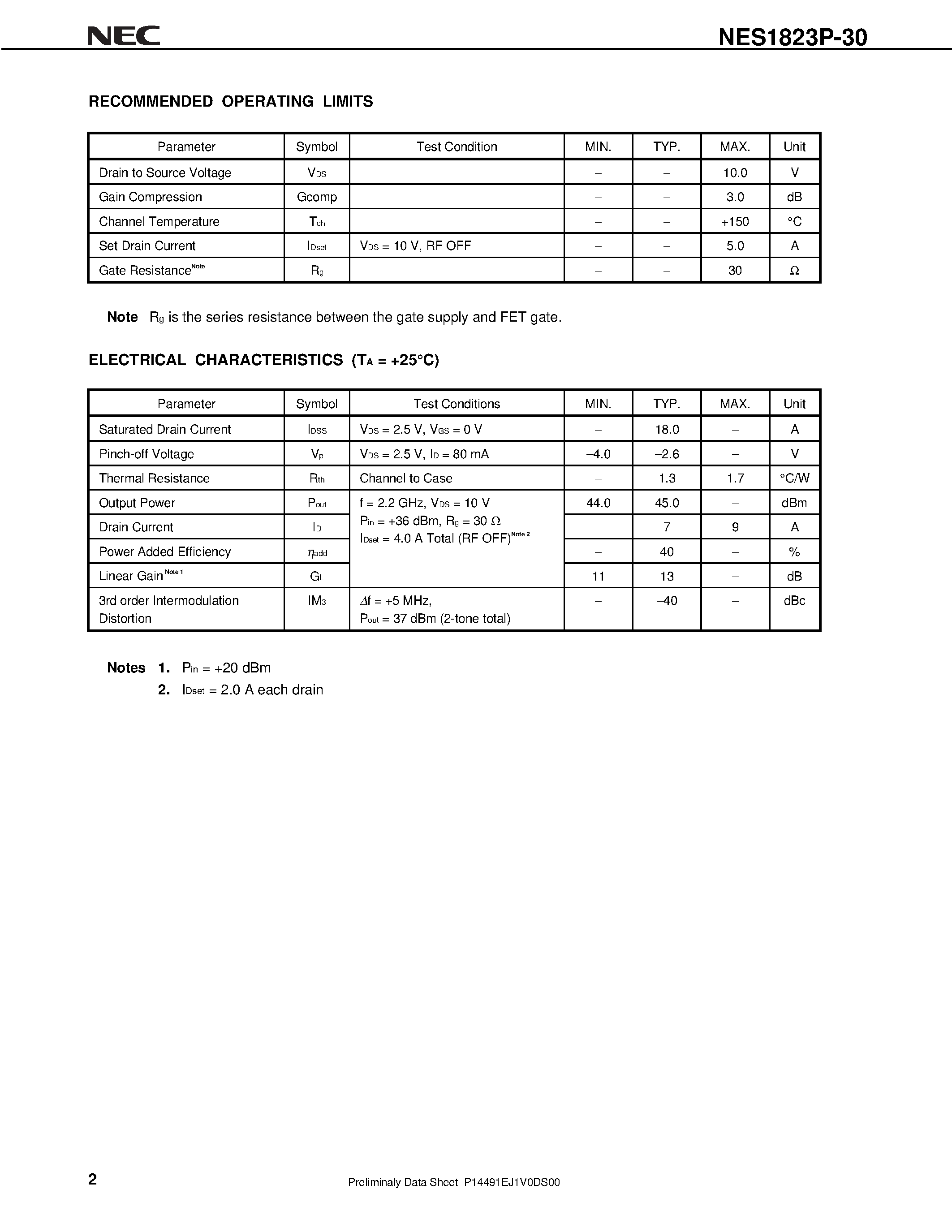 Даташит на микросхему NES1823P-30 страница 2 Даташит NES1823P-30 - 30 W L-S BAND PUSH-PULL POWER GaAs MES FET страница 2