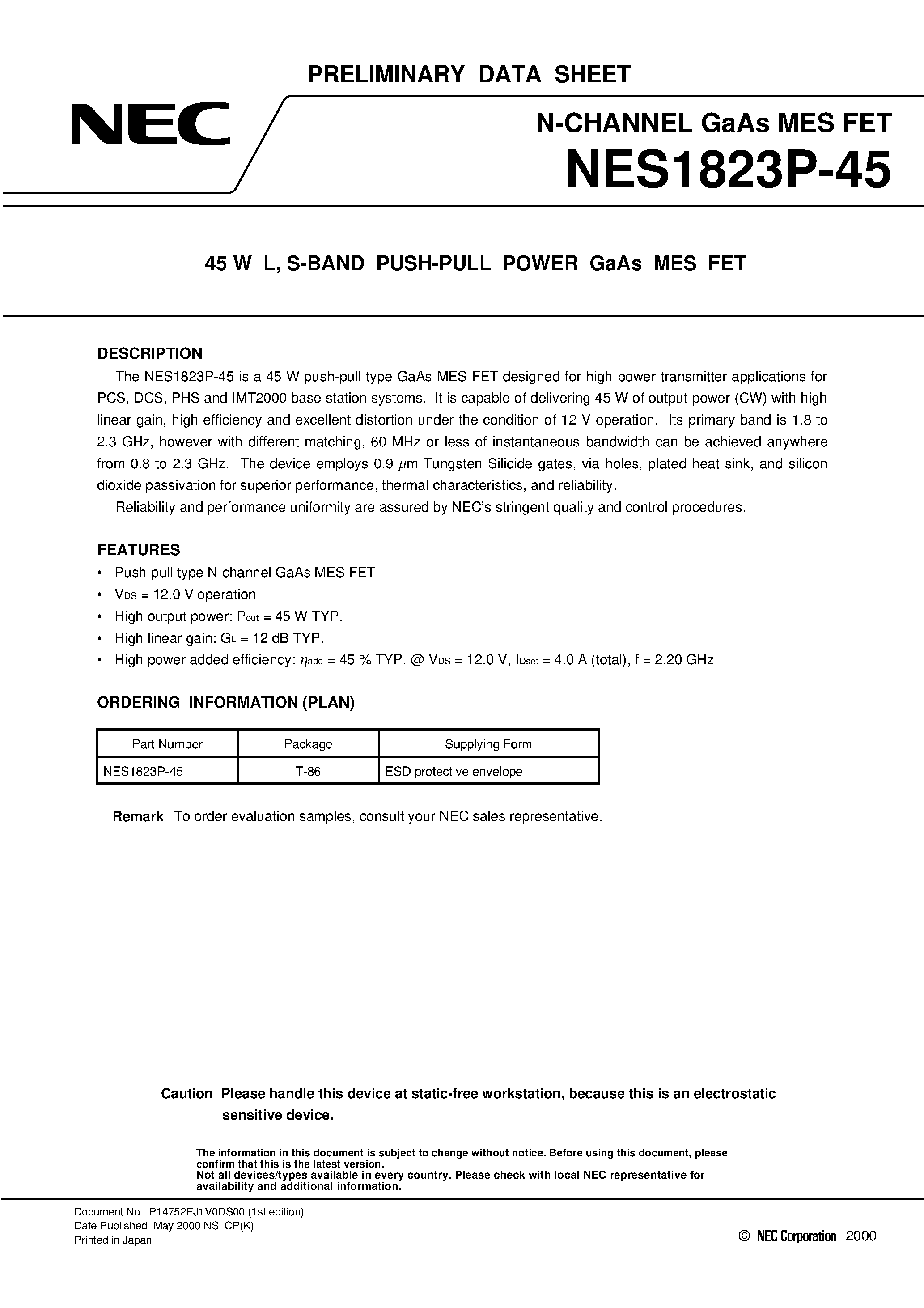Datasheet NES1823P-45 - 45 W L / S-BAND PUSH-PULL POWER GaAs MES FET page 1
