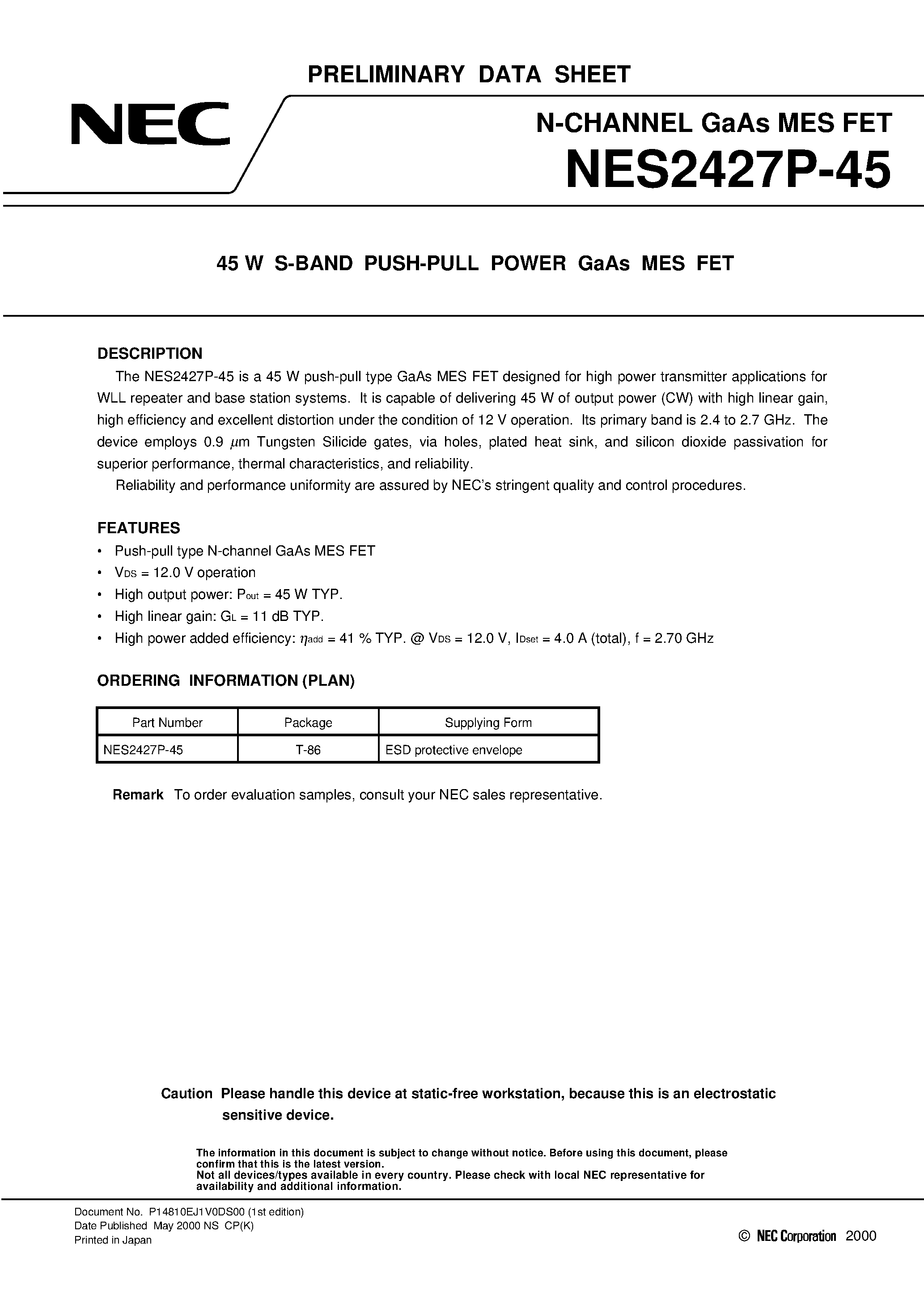 Datasheet NES2427P-45 page 1 Datasheet NES2427P-45 - 45 W S-BAND PUSH-PULL POWER GaAs MES FET page 1