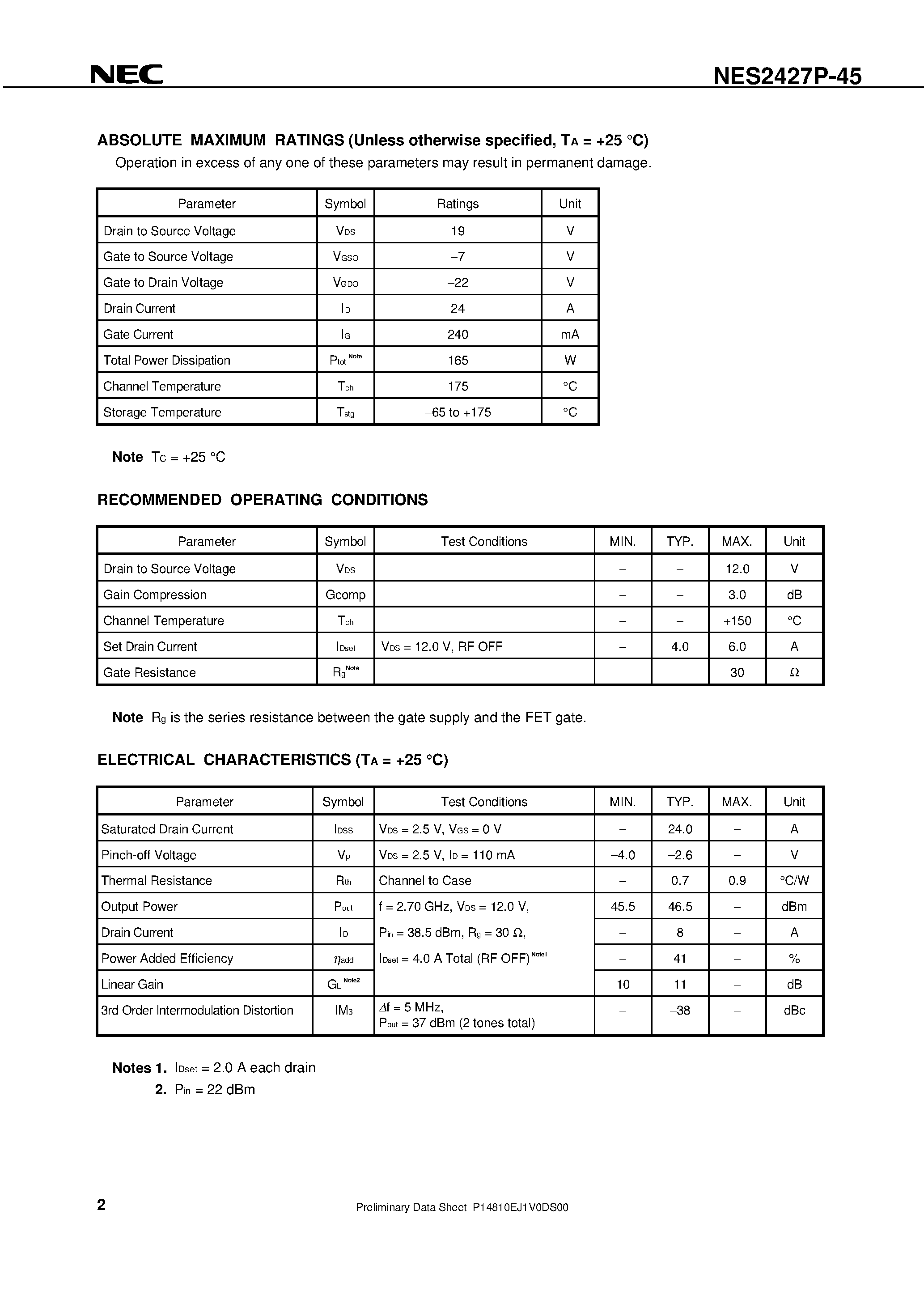 Datasheet NES2427P-45 page 2 Datasheet NES2427P-45 - 45 W S-BAND PUSH-PULL POWER GaAs MES FET page 2