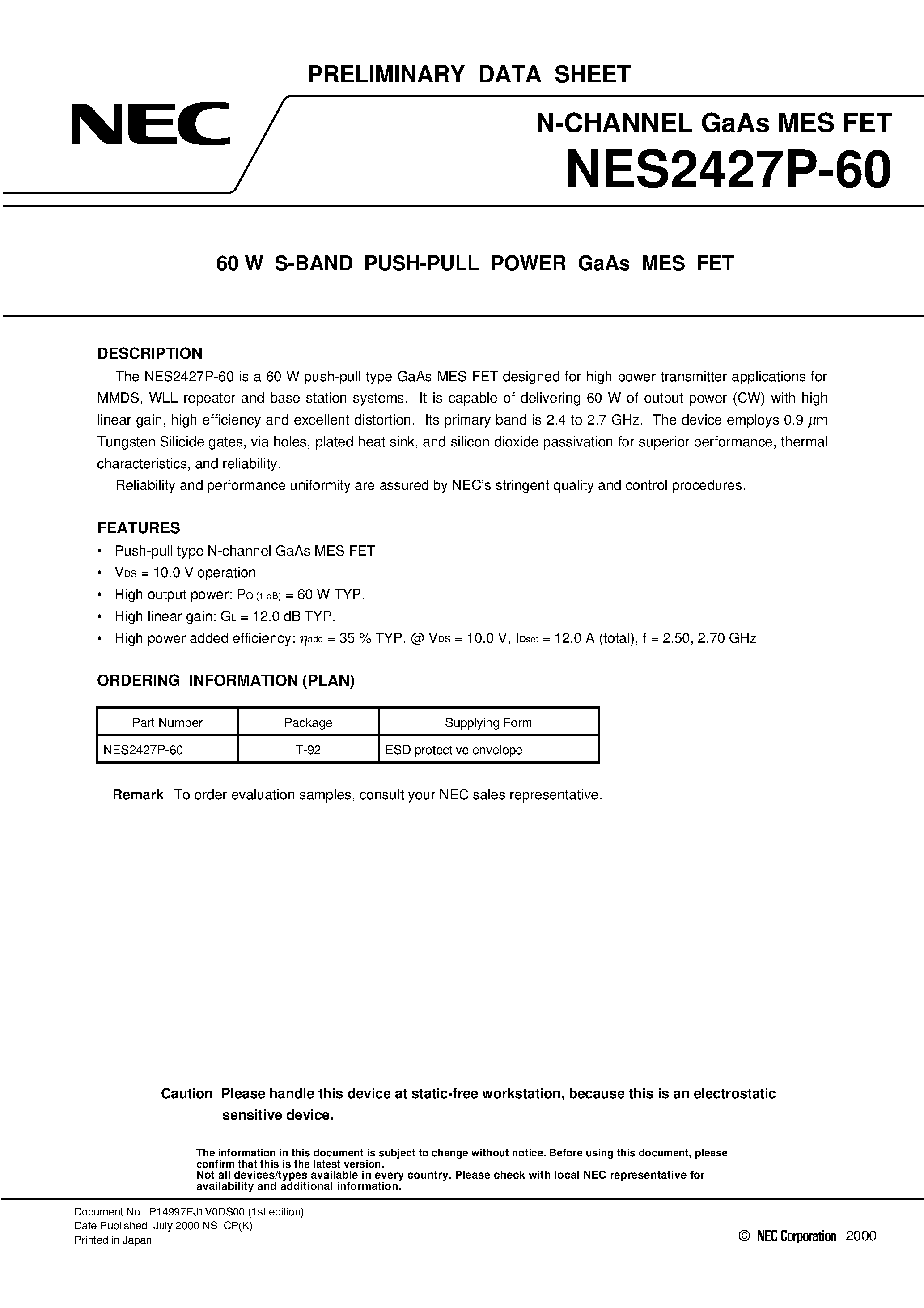 Datasheet NES2427P-60 - 60 W S-BAND PUSH-PULL POWER GaAs MES FET page 1