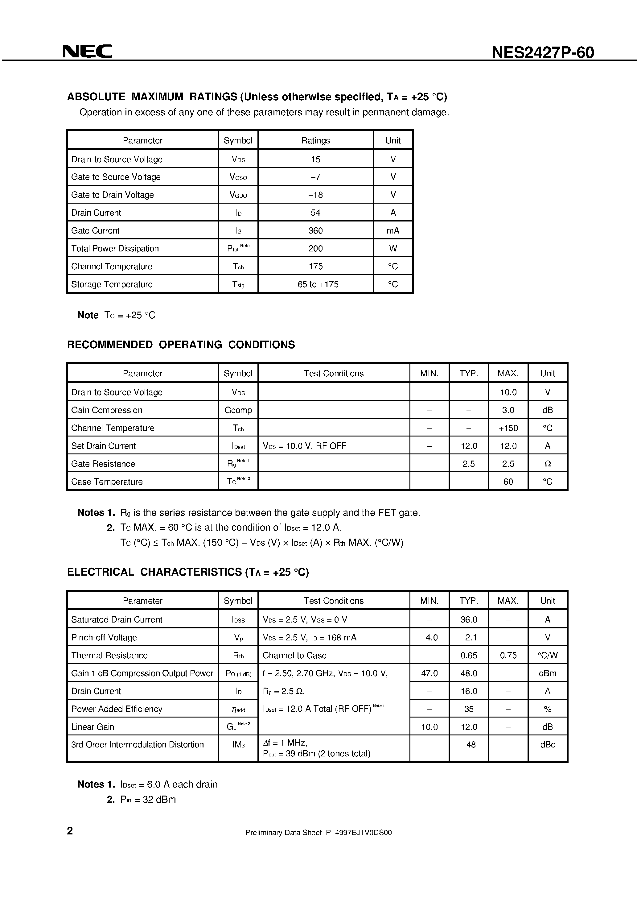 Datasheet NES2427P-60 - 60 W S-BAND PUSH-PULL POWER GaAs MES FET page 2