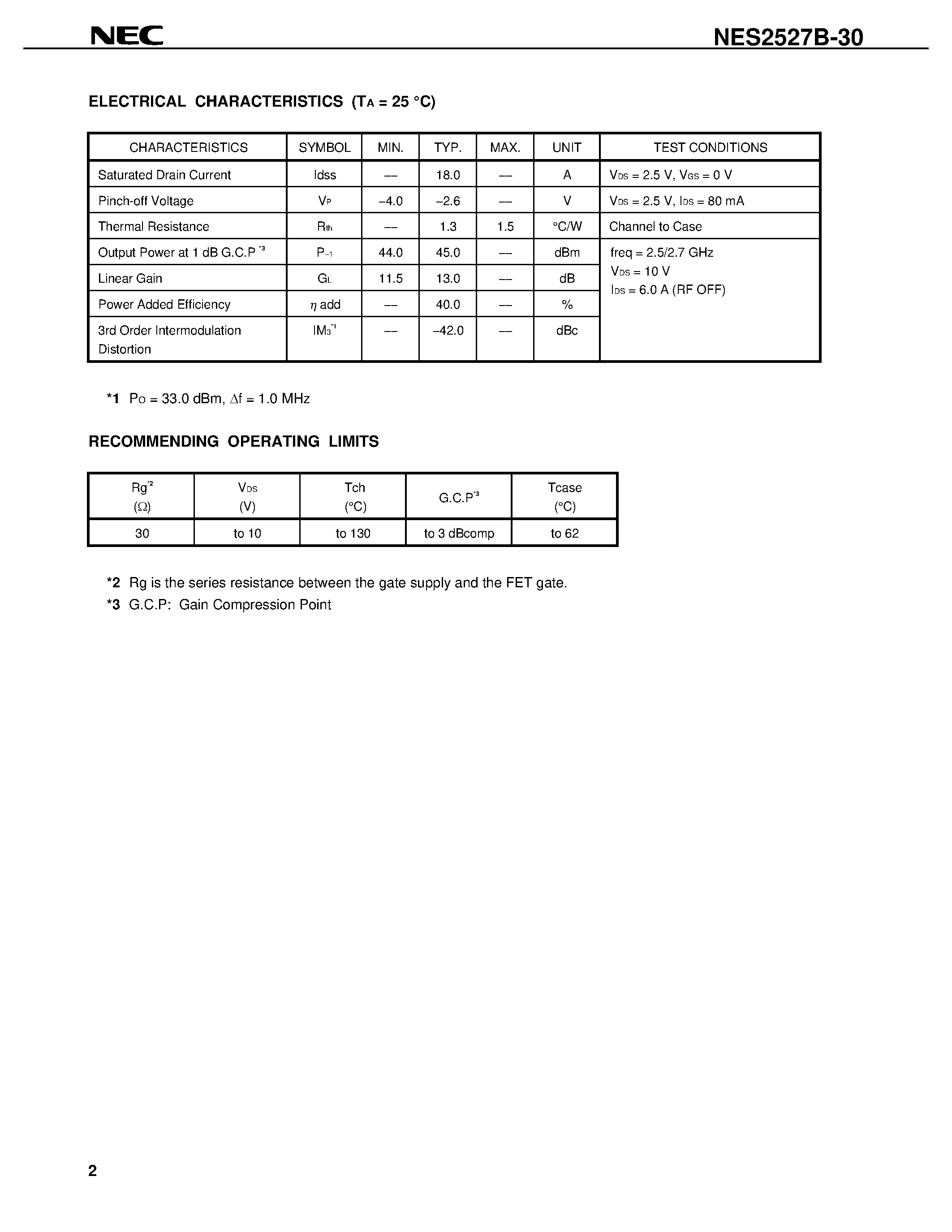 Datasheet NES2527B-30 - 30 W S-BAND POWER GaAs FET N-CHANNEL GaAs MES FET page 2