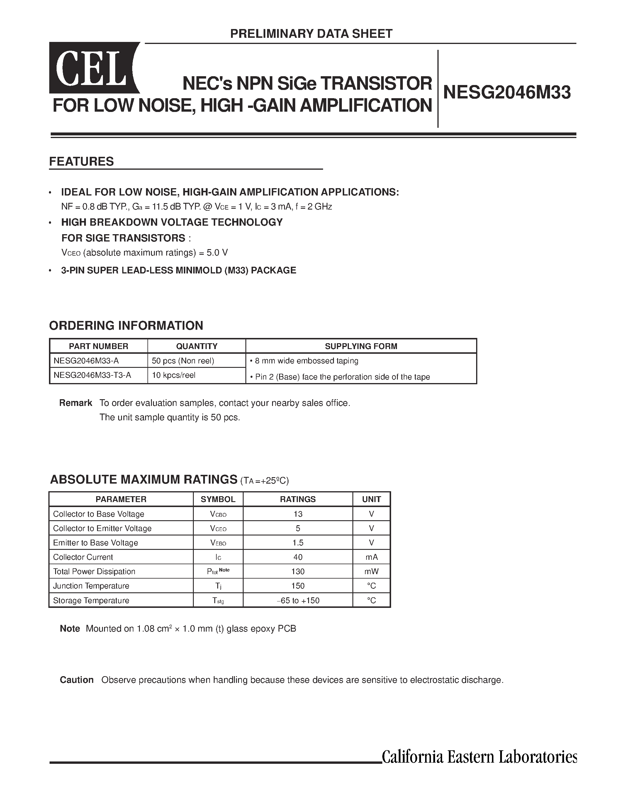 Datasheet NESG2046M33-T3-A - NECs NPN SiGe TRANSISTOR FOR LOW NOISE / HIGH -GAIN AMPLIFICATION page 1