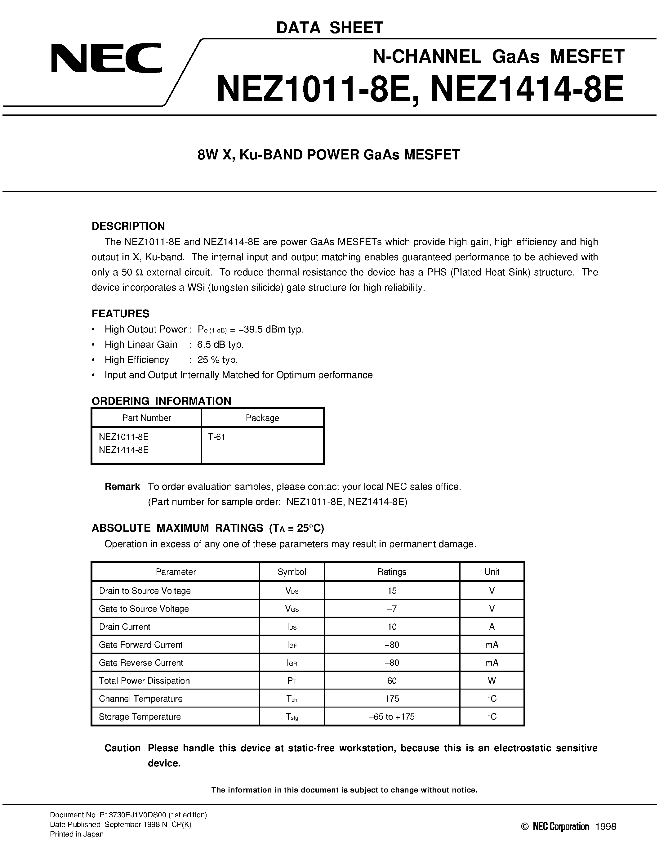 Datasheet NEZ1414-8E page 1 Datasheet NEZ1414-8E - 8W X / Ku-BAND POWER GaAs MESFET page 1