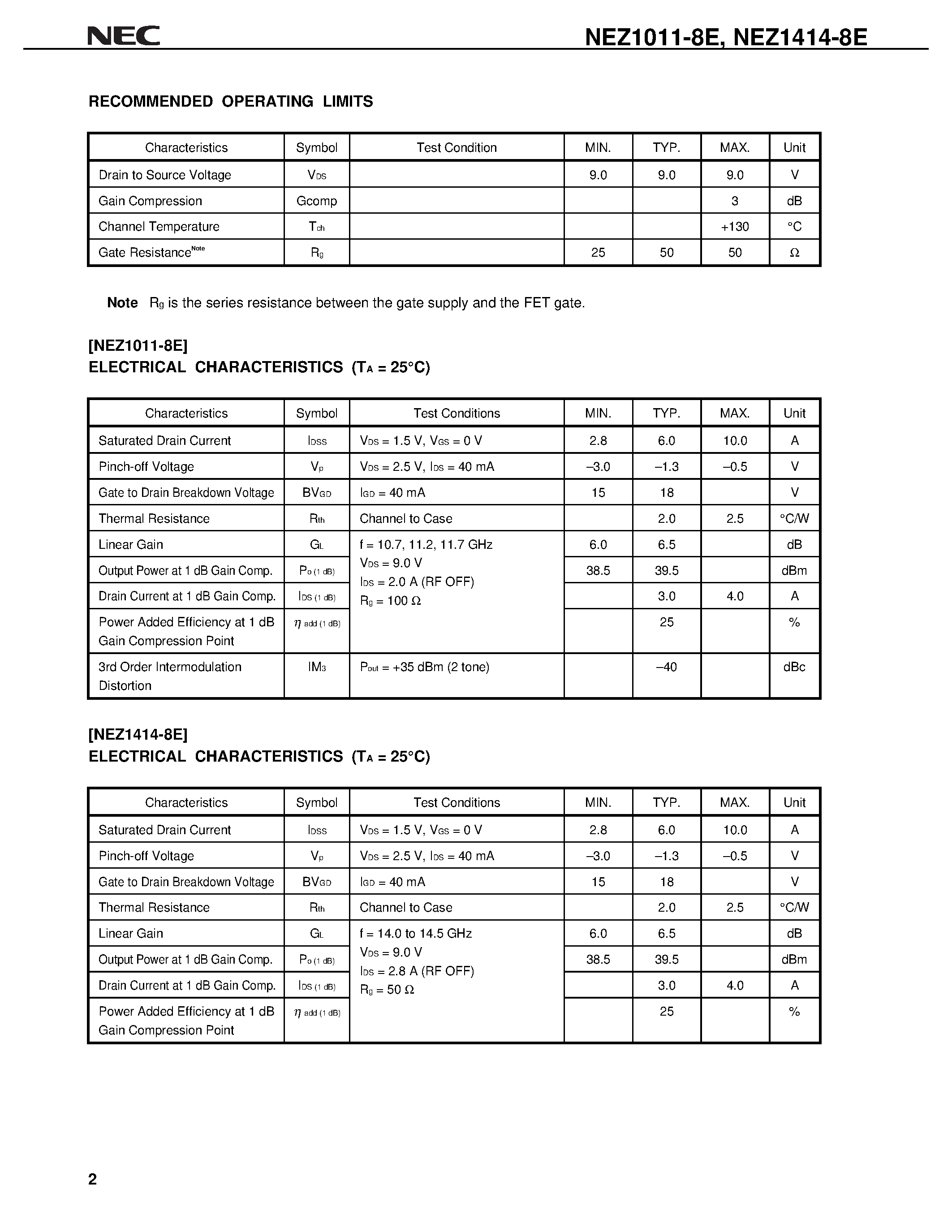 Datasheet NEZ1414-8E page 2 Datasheet NEZ1414-8E - 8W X / Ku-BAND POWER GaAs MESFET page 2