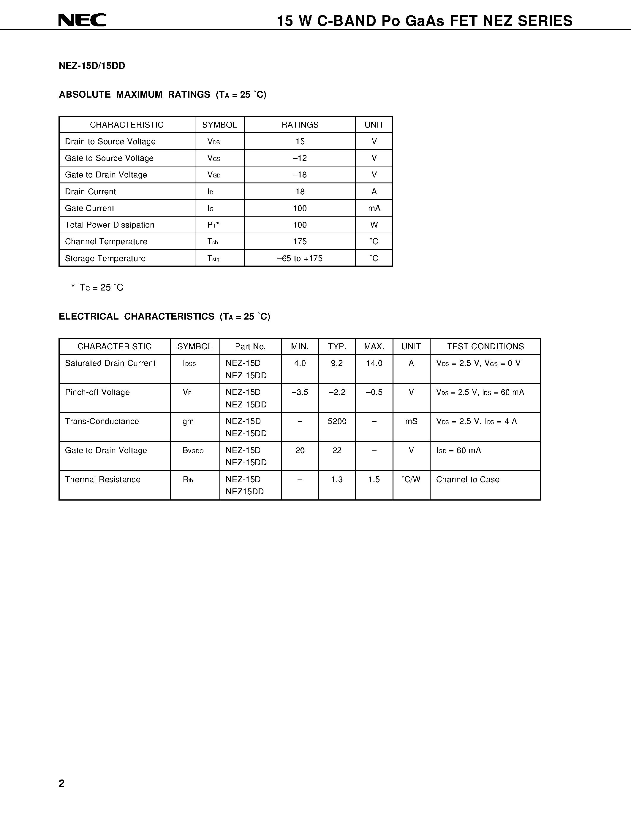 Datasheet NEZ3642-15D page 2 Datasheet NEZ3642-15D - 15 W C-BAND POWER GaAs FET N-CHANNEL GaAs MES FET page 2