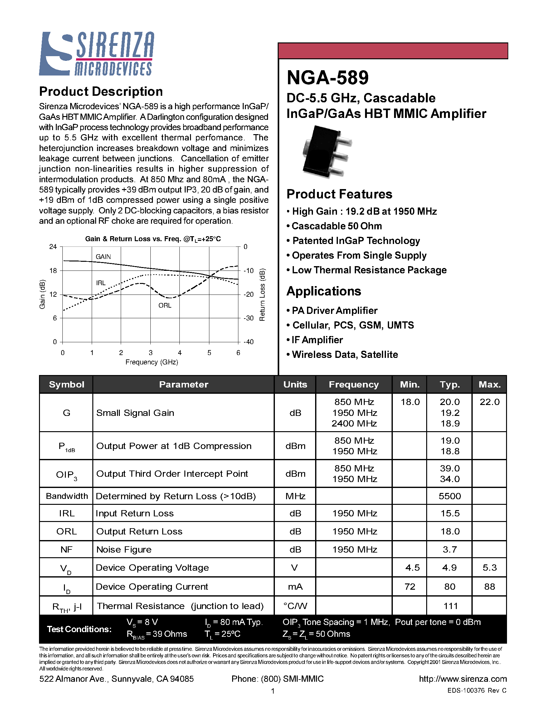 Datasheet NGA-589 - DC-5.5 GHZ / CASCADABLE INGAP/GAAS HBT MMIC AMPLIFIER page 1