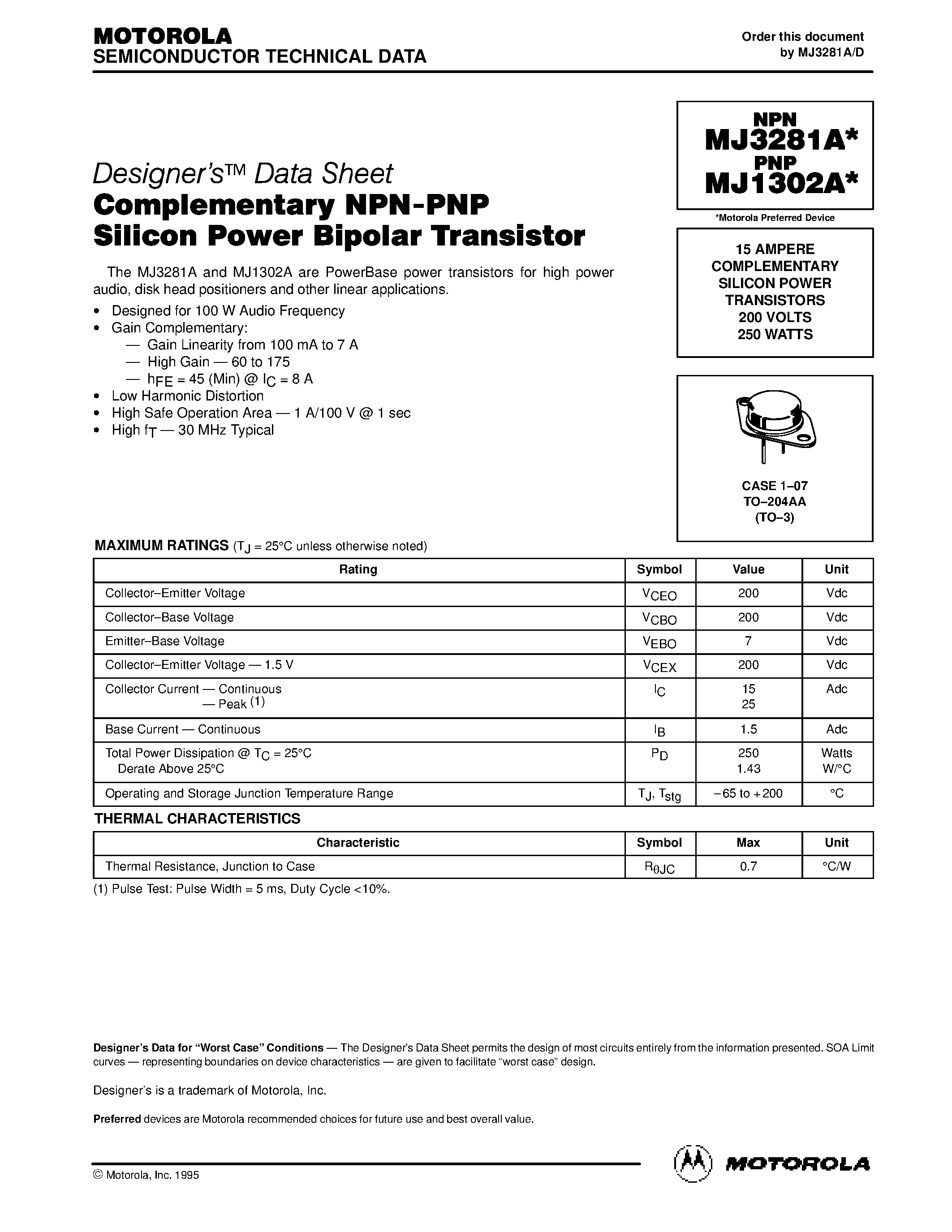 Datasheet NH1302A - 15 AMPERE COMPLEMENTARY SILICON POWER TRANSISTORS 200 VOLTS 250 WATTS page 1