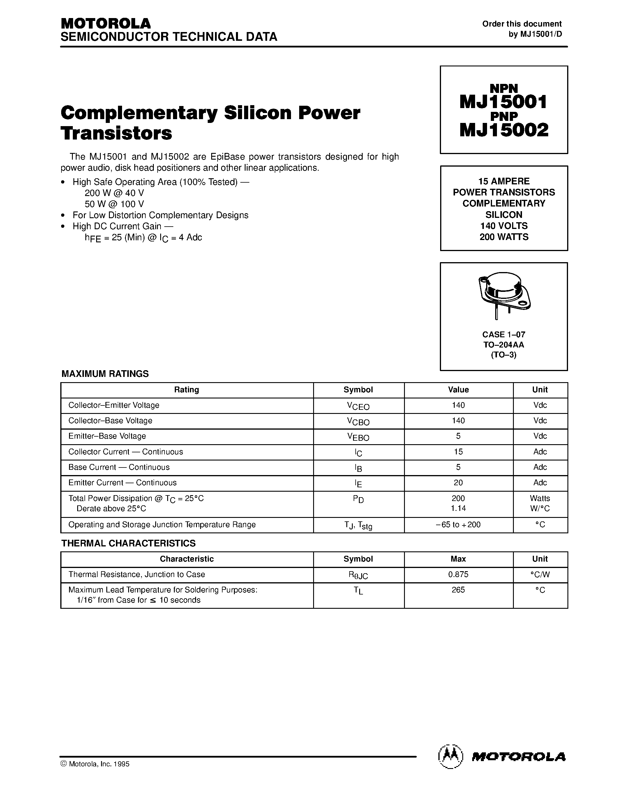 Datasheet NH15002 - 15 AMPERE POWER TRANSISTORS COMPLEMENTARY SILICON 140 VOLTS 200 WATTS page 1