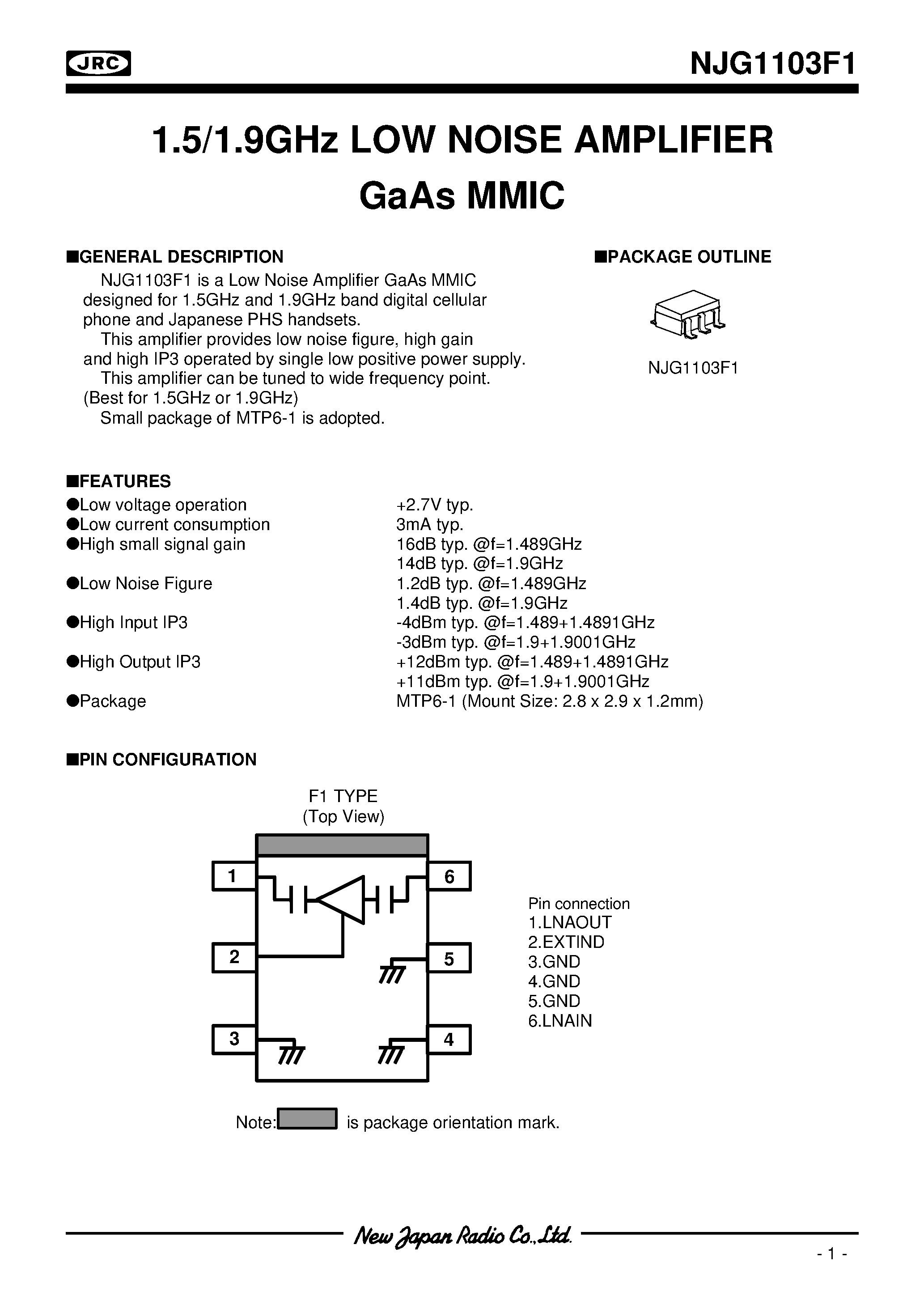 Datasheet NJG1103F1 - 1.5/1.9GHz LOW NOISE AMPLIFIER GaAs MMIC page 1