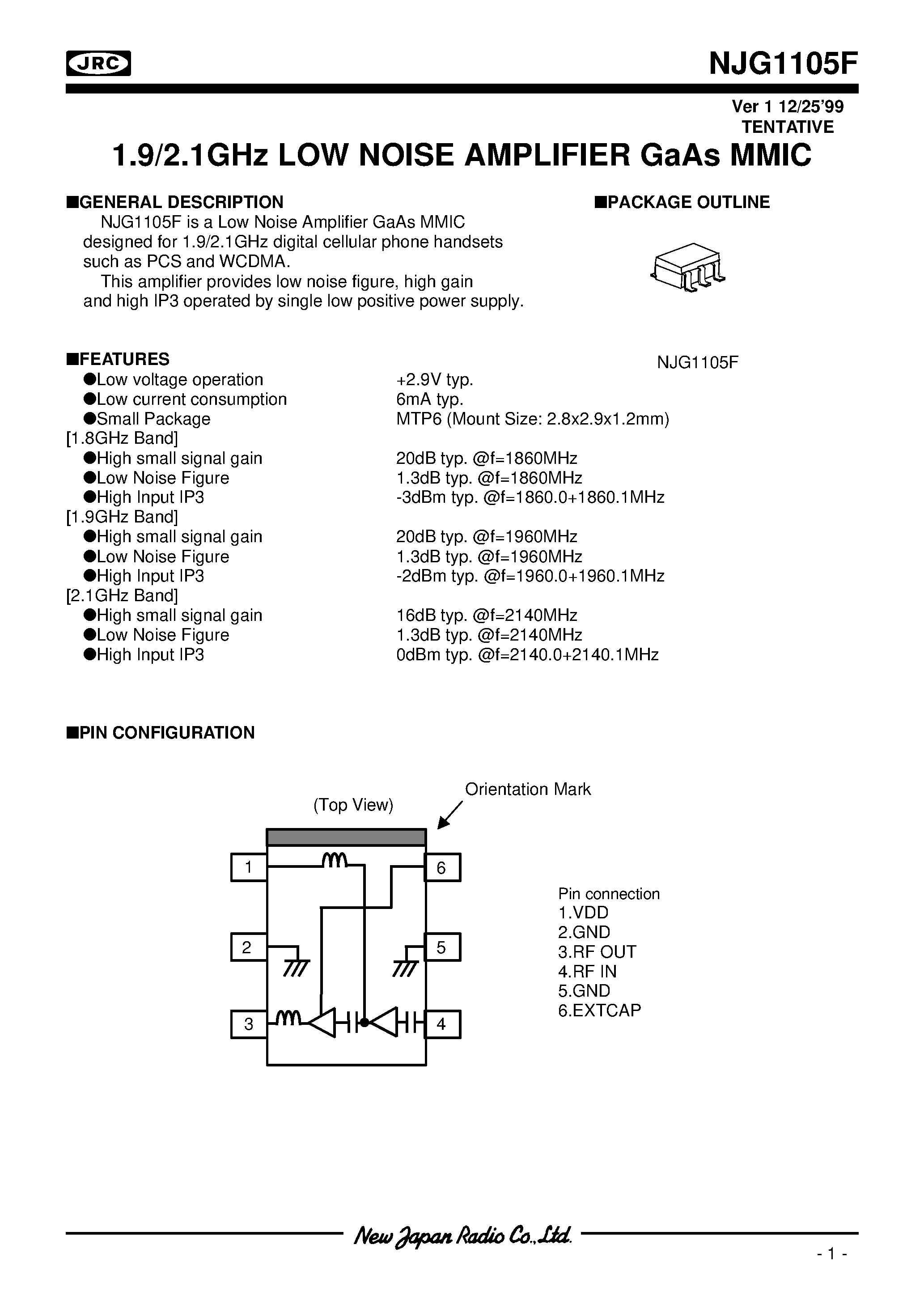 Datasheet NJG1105F - 1.9/2.1GHz LOW NOISE AMPLIFIER GaAs MMIC page 1