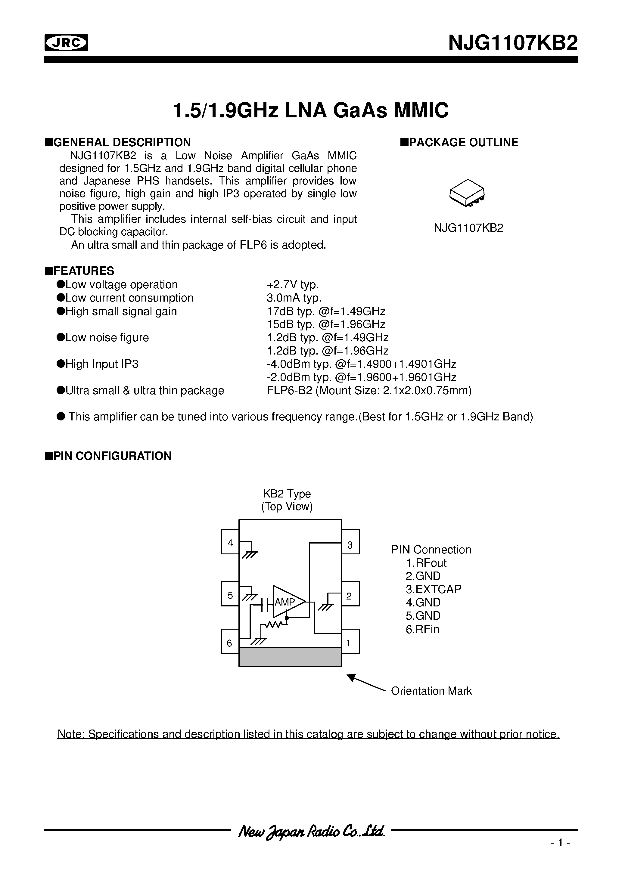 Datasheet NJG1107KB2 - 1.5/1.9GHz LNA GaAs MMIC page 1