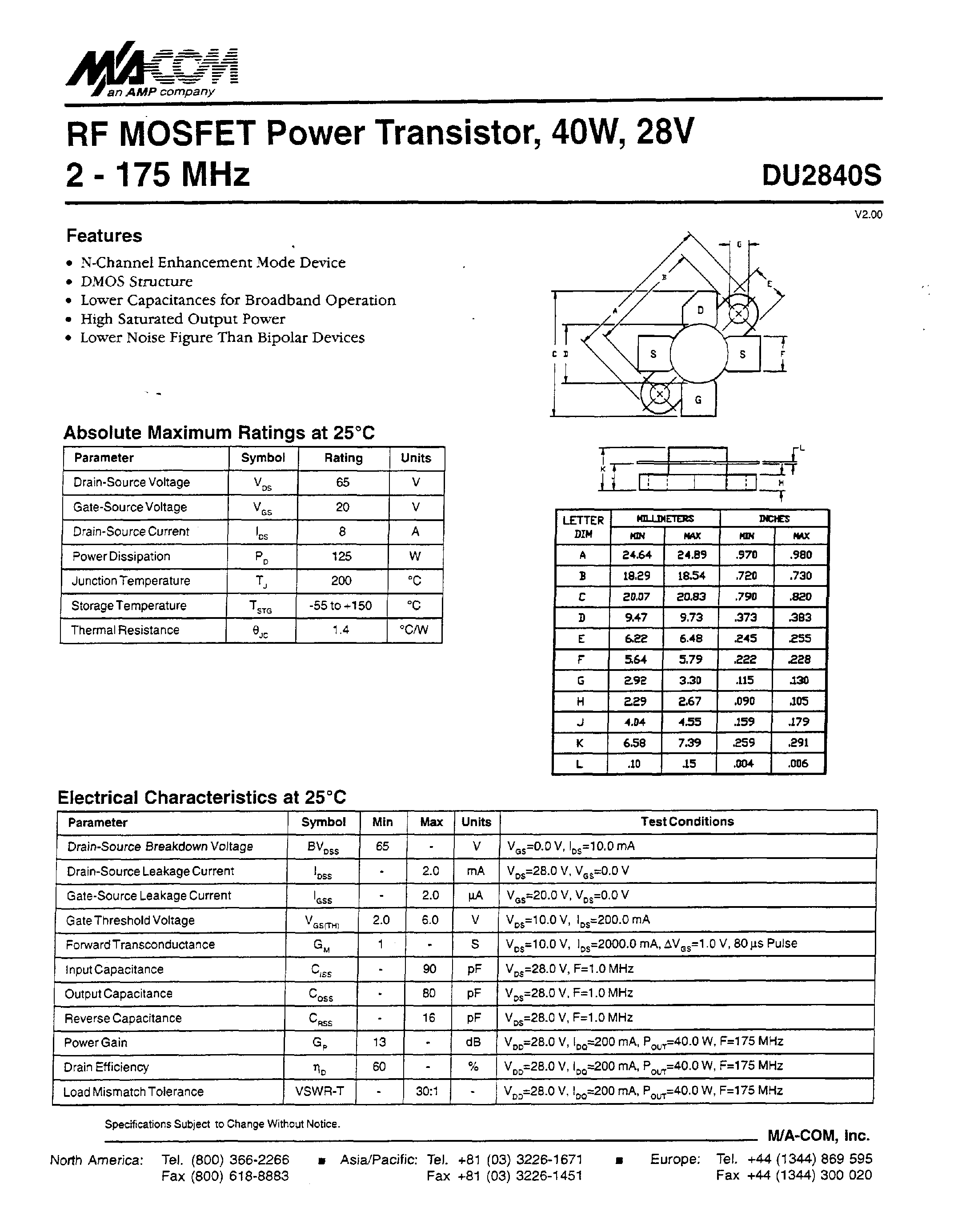 Datasheet NJG1309VB2 - RF MOSFET Power Transistor / 4OW / 28V 2 - 175 MHz page 1