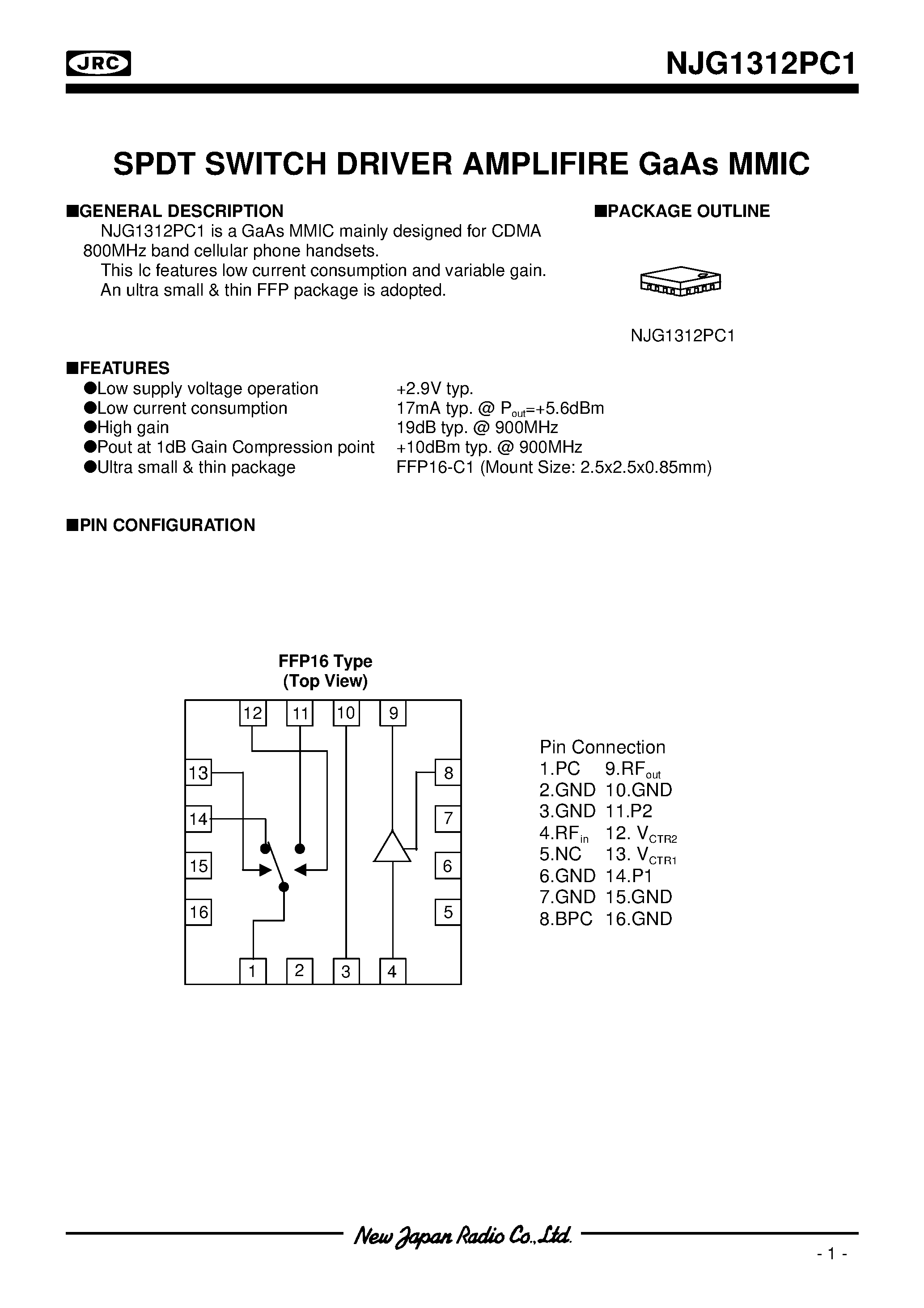 Datasheet NJG1312PC1 page 1 Datasheet NJG1312PC1 - SPDT SWITCH DRIVER AMPLIFIRE GaAs MMIC page 1