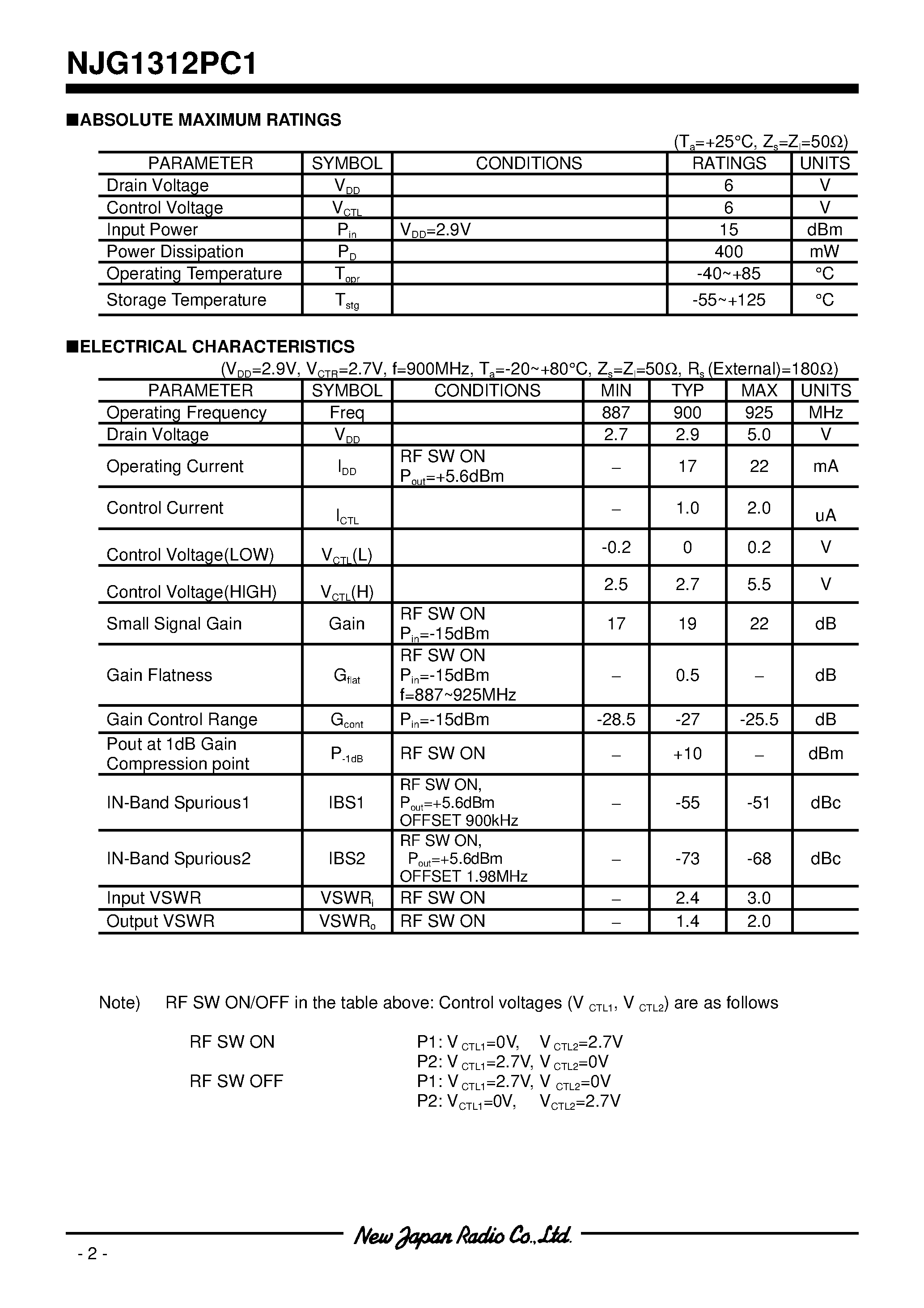 Datasheet NJG1312PC1 page 2 Datasheet NJG1312PC1 - SPDT SWITCH DRIVER AMPLIFIRE GaAs MMIC page 2