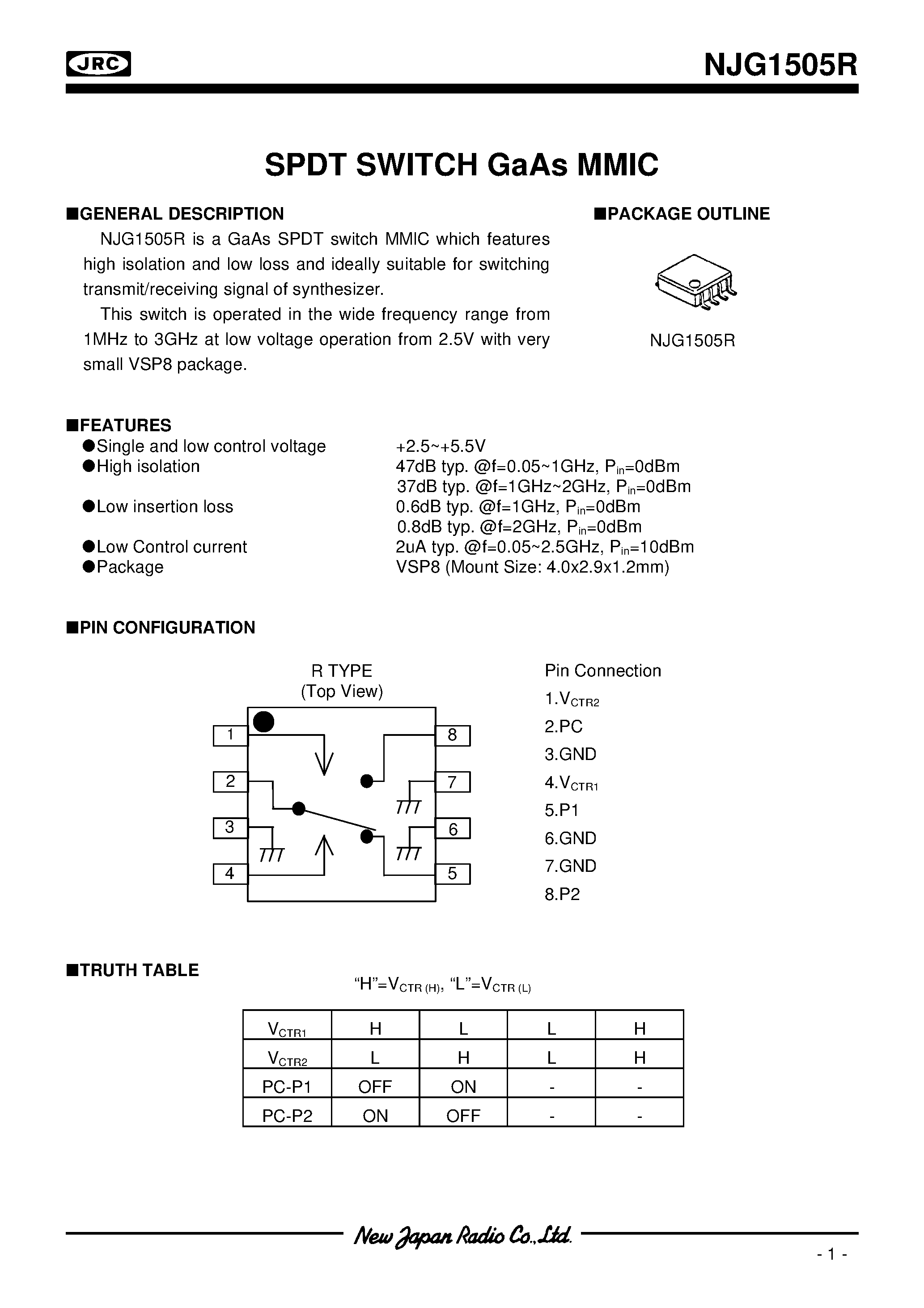 Datasheet NJG1505R page 1 Datasheet NJG1505R - SPDT SWITCH GaAs MMIC page 1