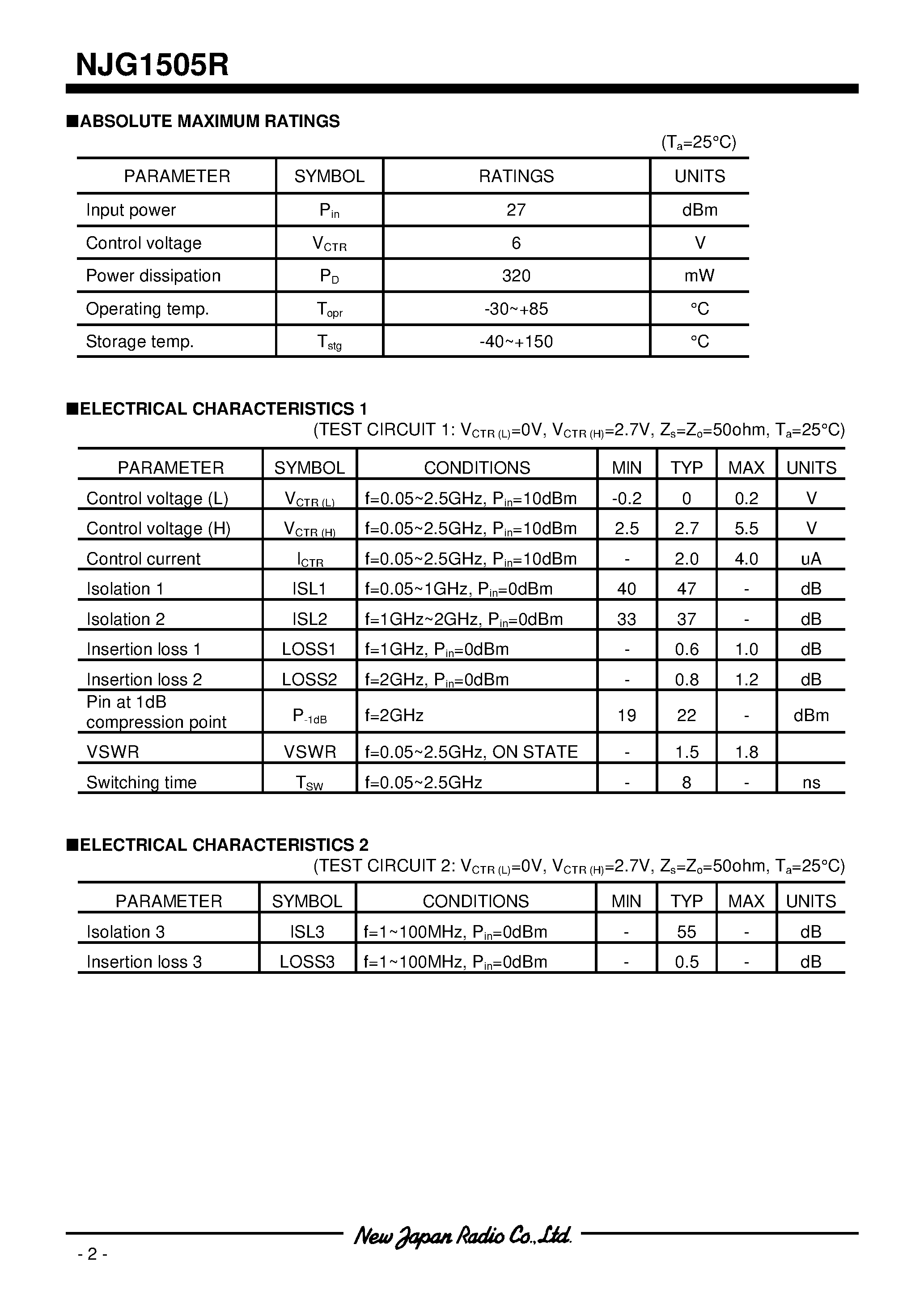Datasheet NJG1505R page 2 Datasheet NJG1505R - SPDT SWITCH GaAs MMIC page 2