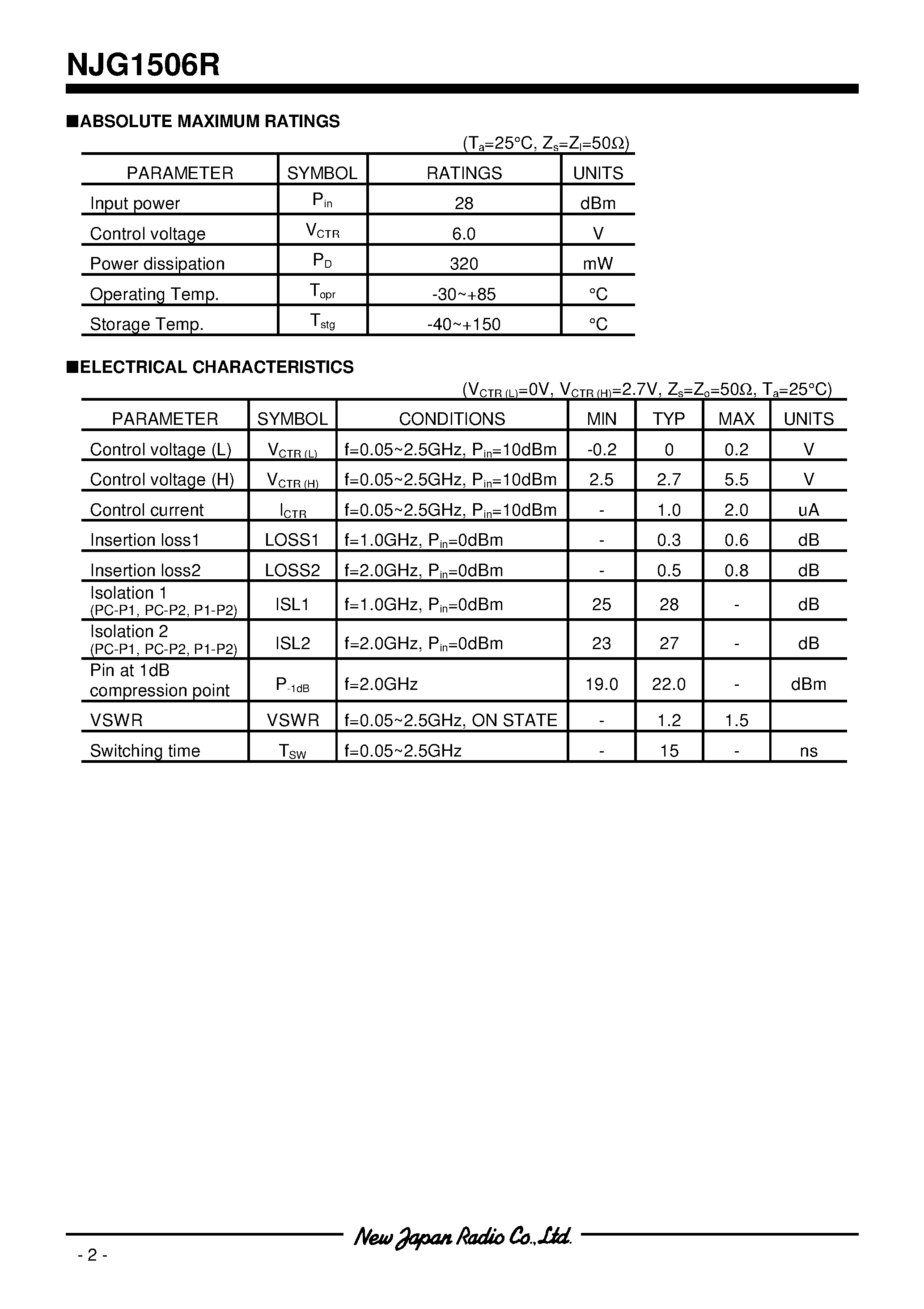 Datasheet NJG1506R page 2 Datasheet NJG1506R - SPDT SWITCH GaAs MMIC page 2