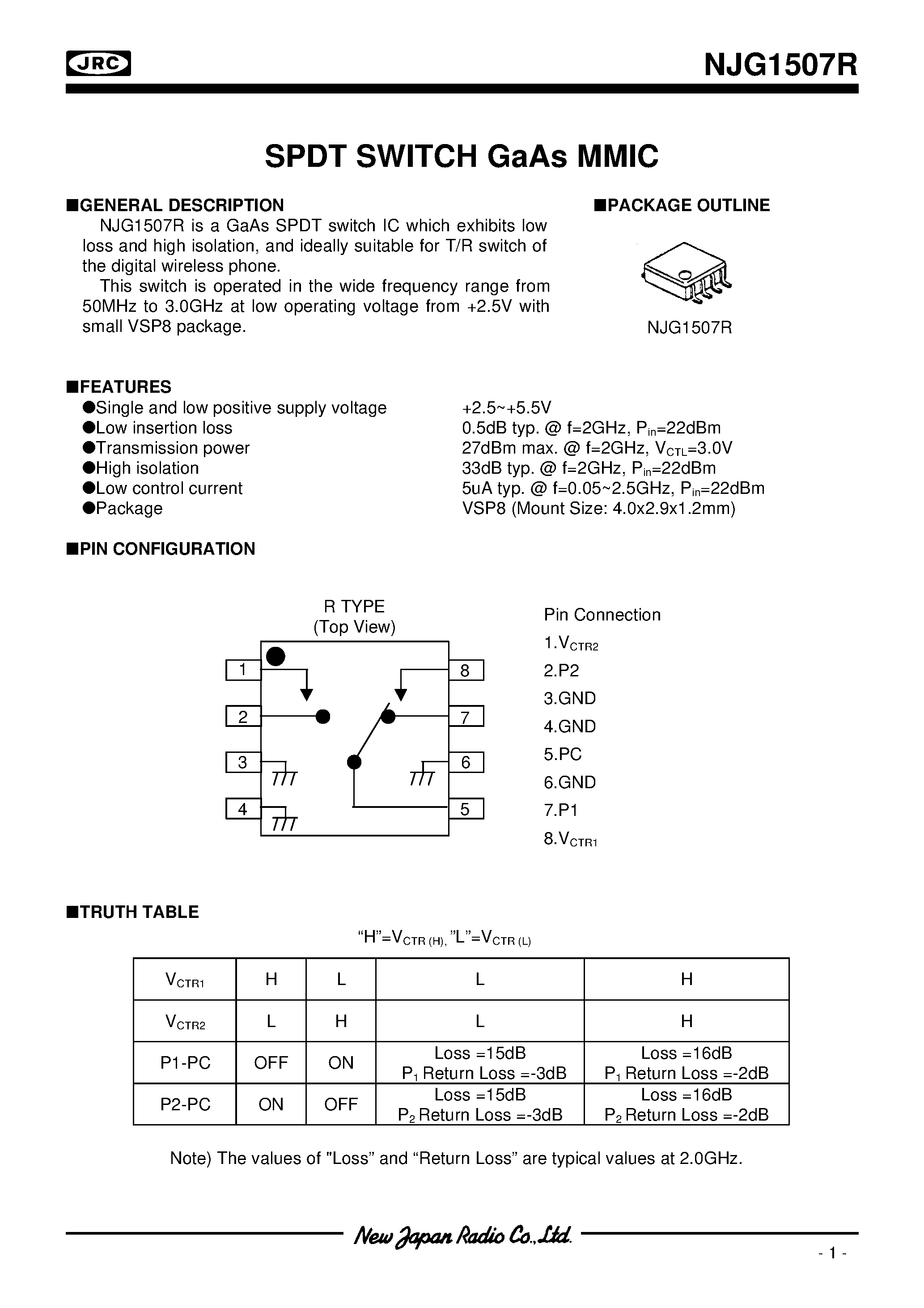 Datasheet NJG1507R page 1 Datasheet NJG1507R - SPDT SWITCH GaAs MMIC page 1